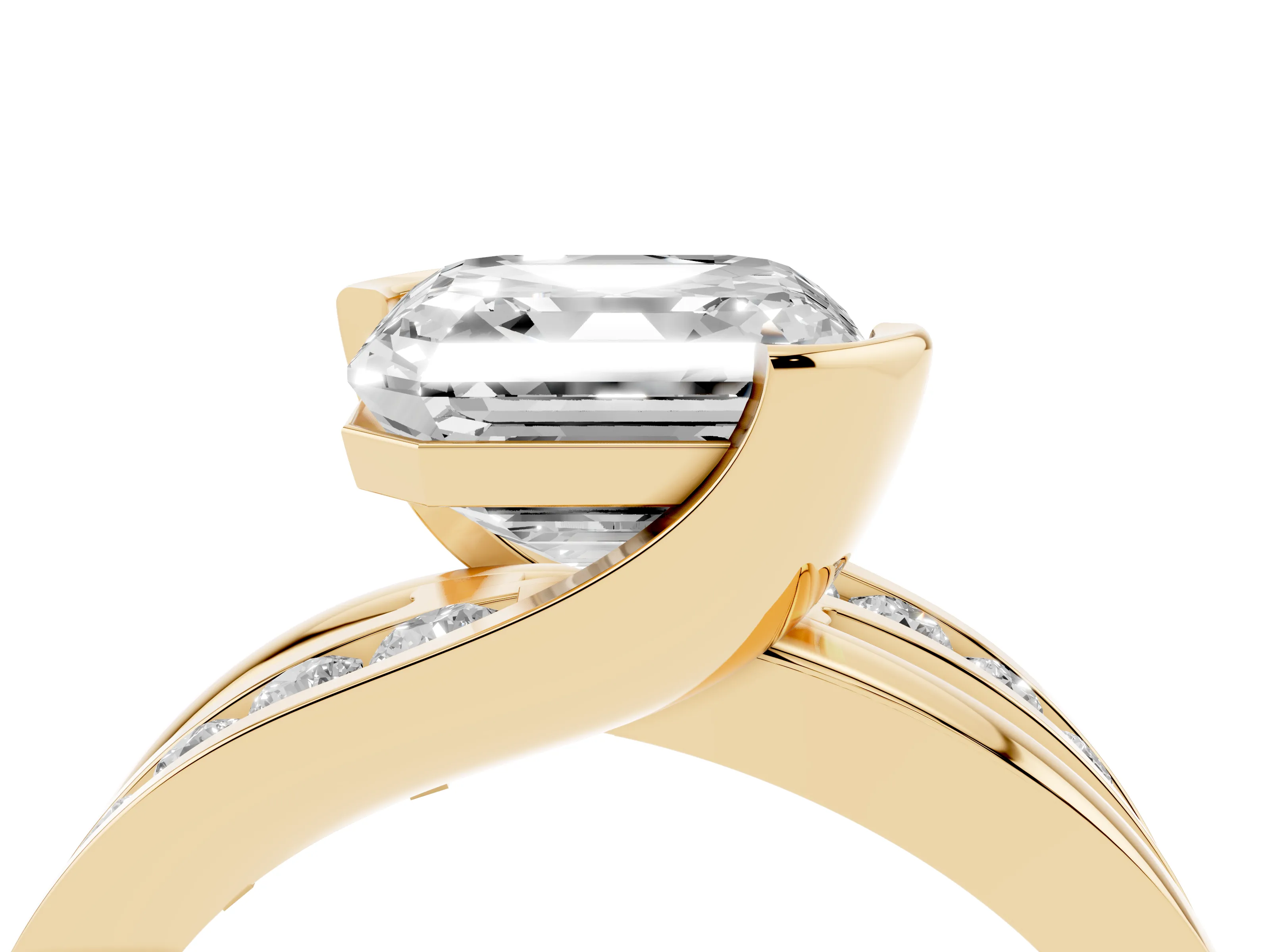 Asscher Cut Diamond Solitaire Ring Set in Yellow gold with Channel Set Split Shank and Tension Prongs