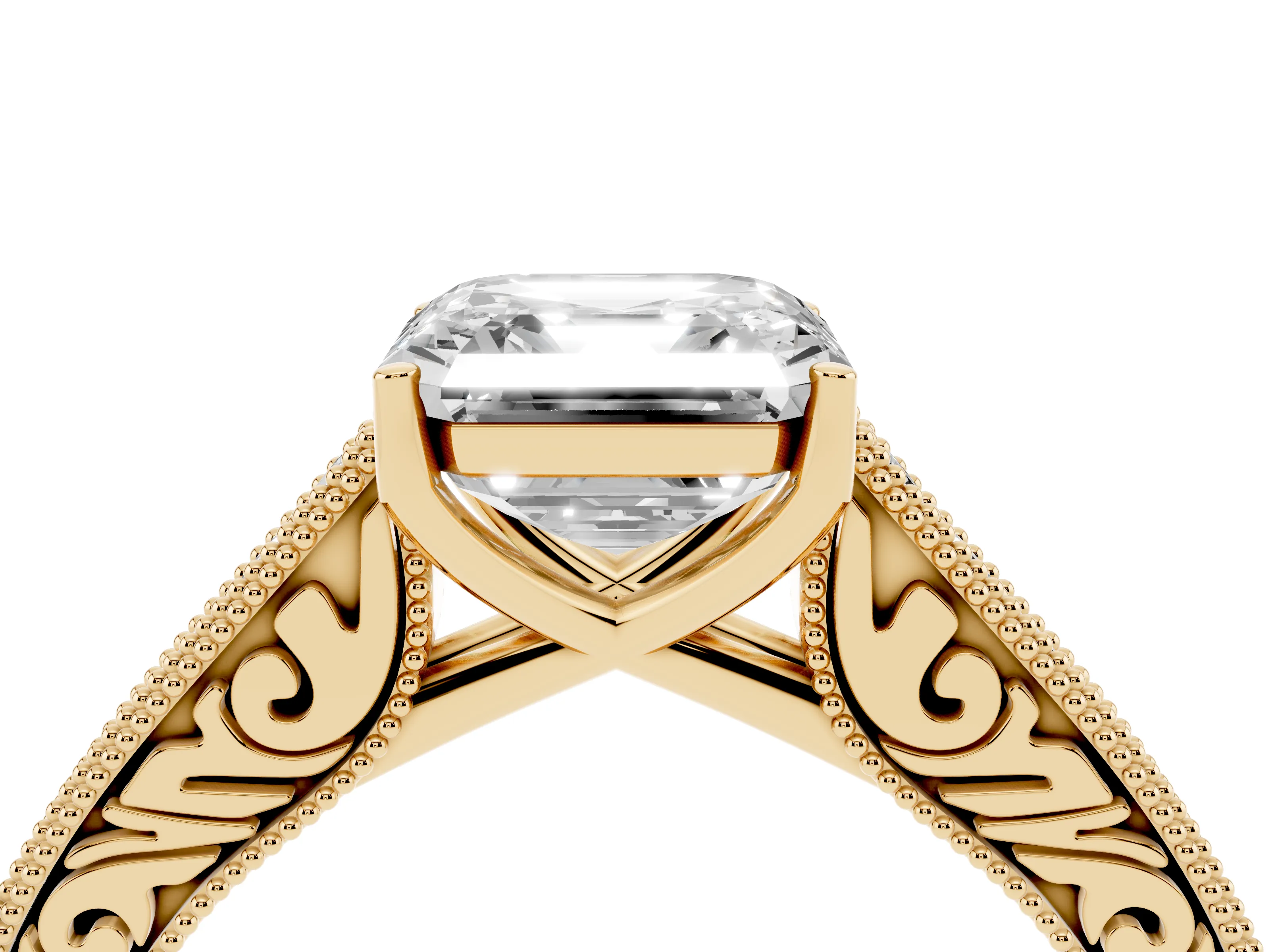 Asscher Cut Diamond Milgrain Pavé Band Solitaire Ring Set in Yellow gold with Prong Setting