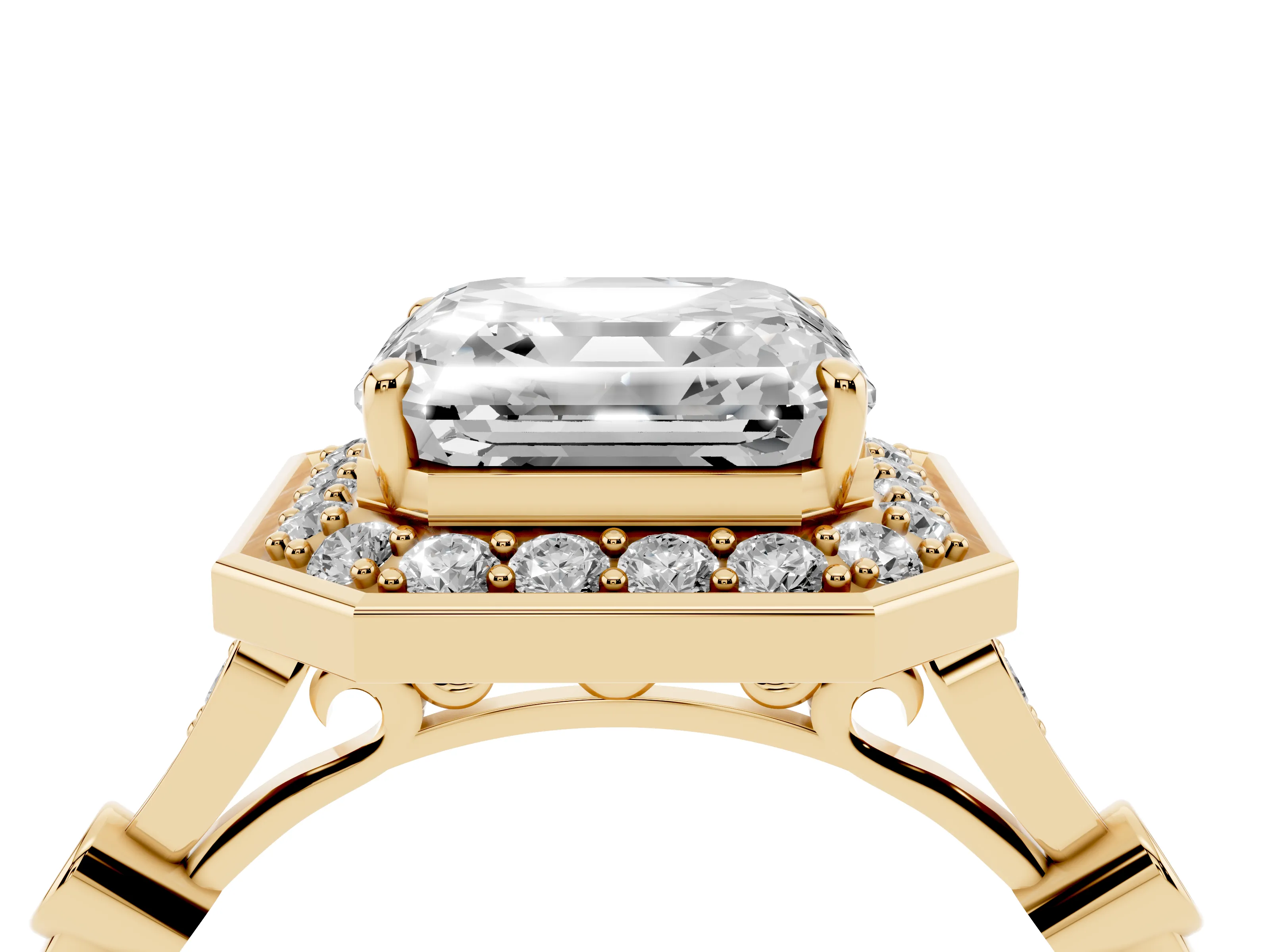 Asscher Cut Diamond Halo Engagement Ring Set in Yellow gold with Twisted Band and Prong Setting