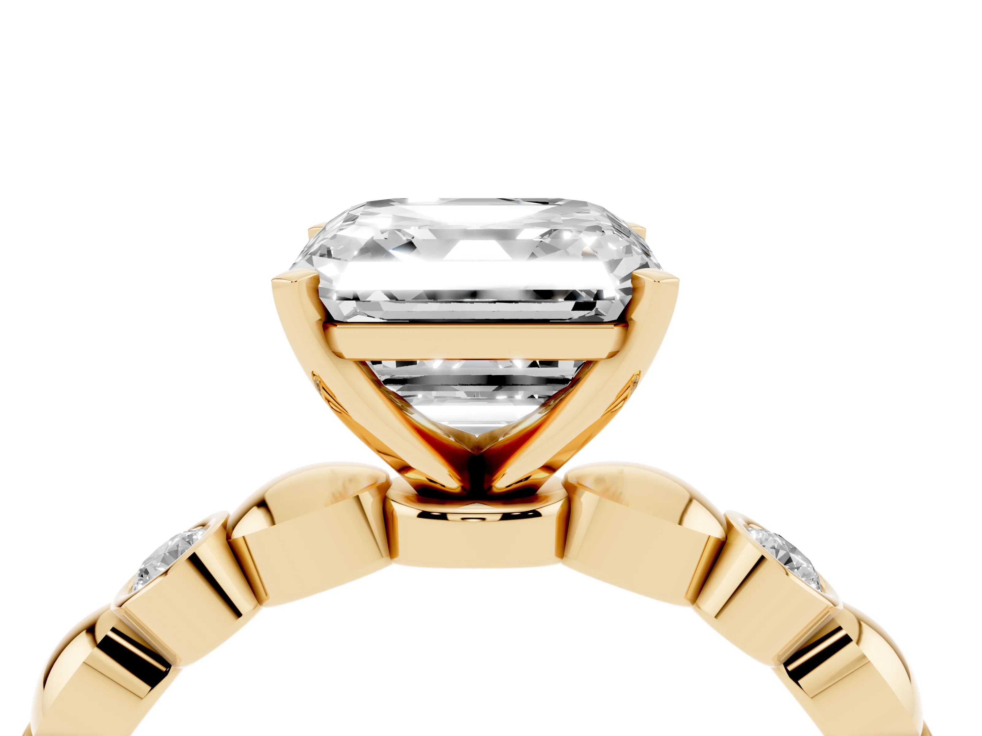 Asscher Cut Diamond Solitaire Ring Set in Yellow gold with Bezel-Set Accents on Beaded Band and Prong Setting