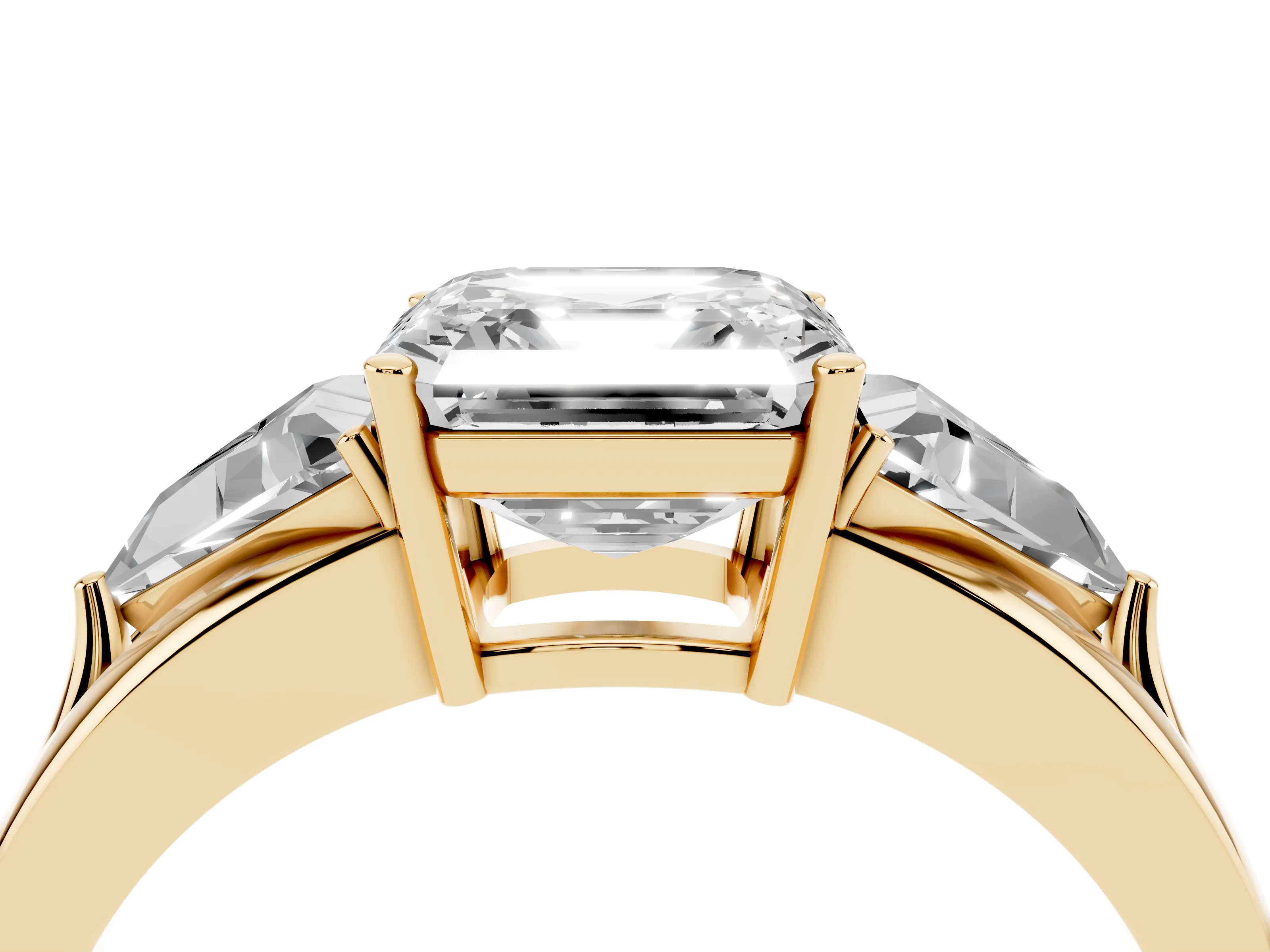 Asscher Cut Diamond Three-Stone Ring Set in Yellow gold with Trillion Side Stones and Split Shank