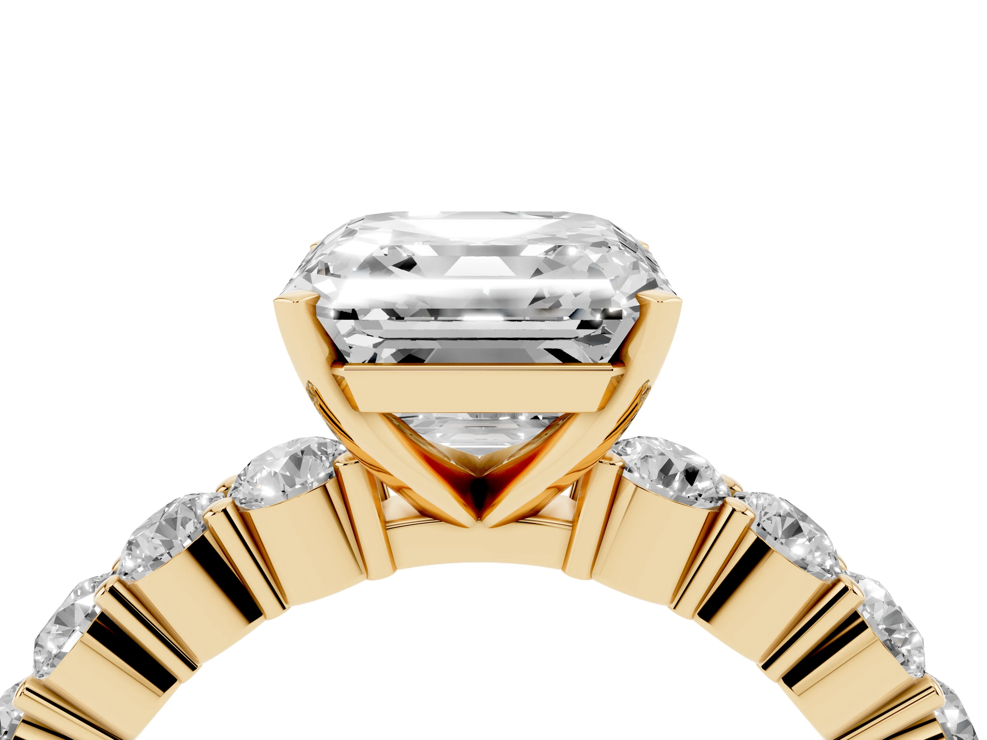 Asscher Cut Diamond Solitaire Ring Set in Yellow gold with Shared Prong Round Side Stones