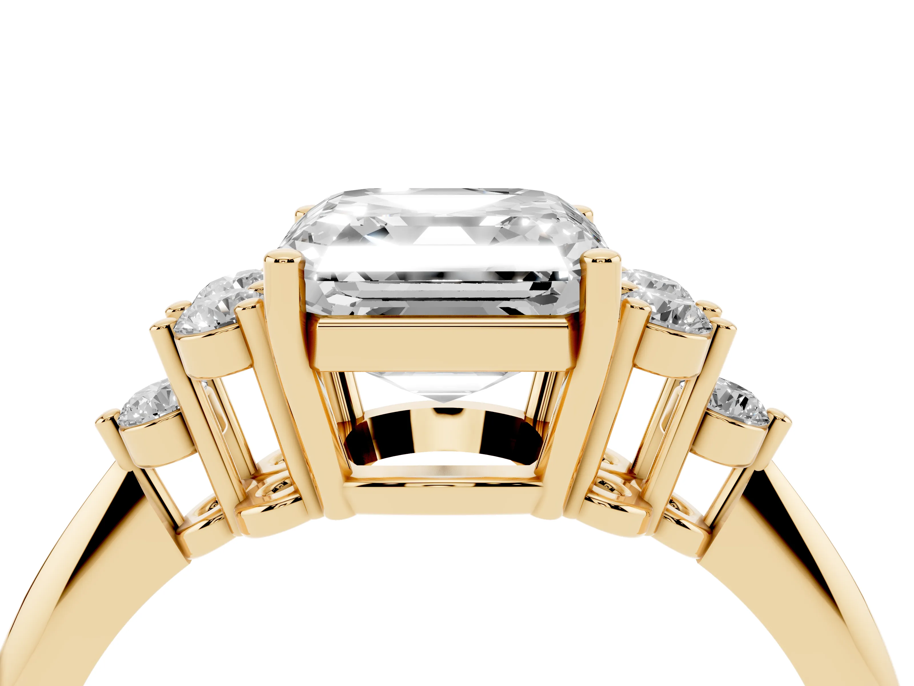 Asscher Cut Diamond Cluster Ring Set in Yellow gold with Plain Band and Prong Setting