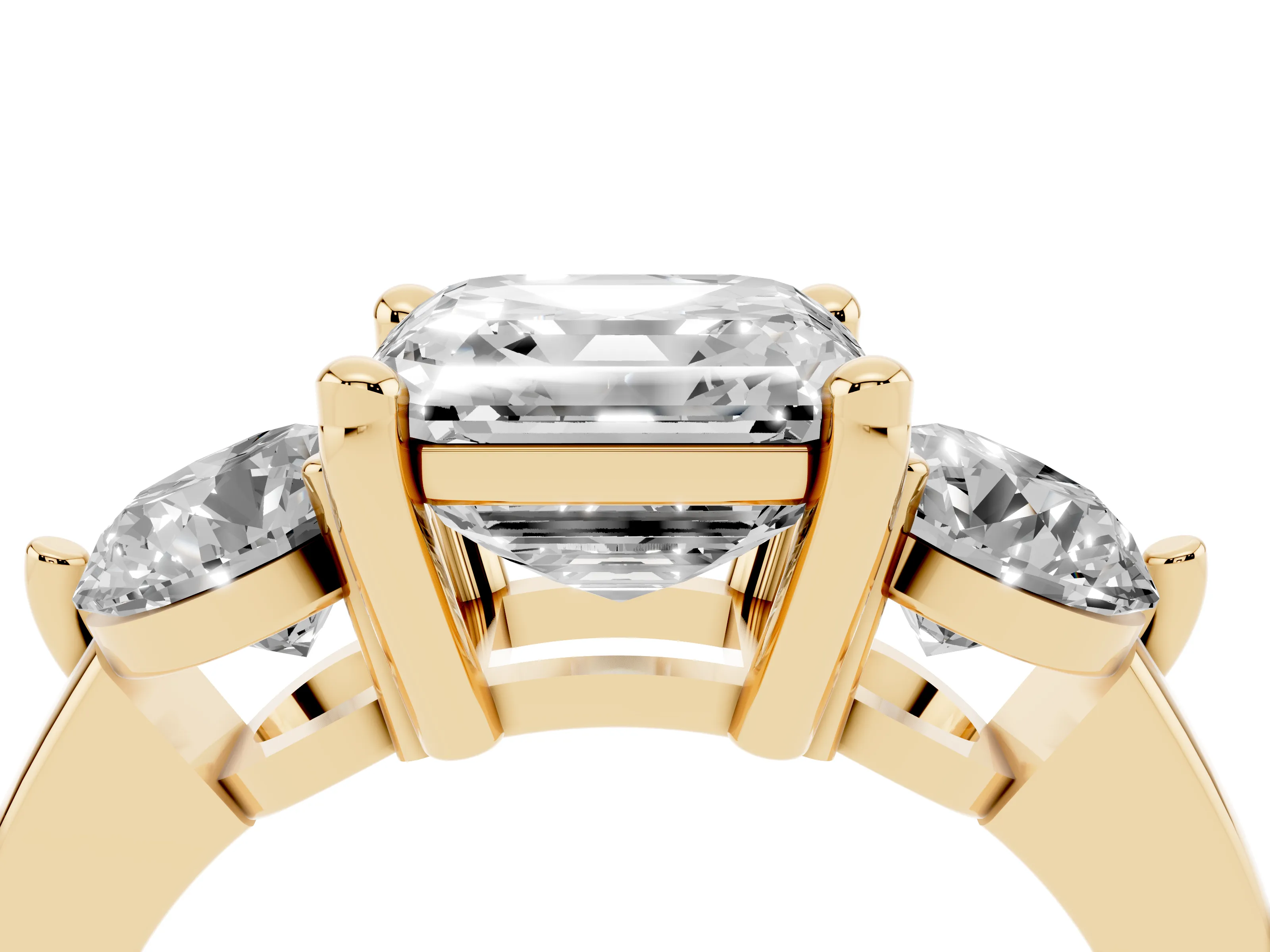 Asscher Cut Diamond Three-Stone Ring Set in Yellow gold with Prong Setting and Classic Band