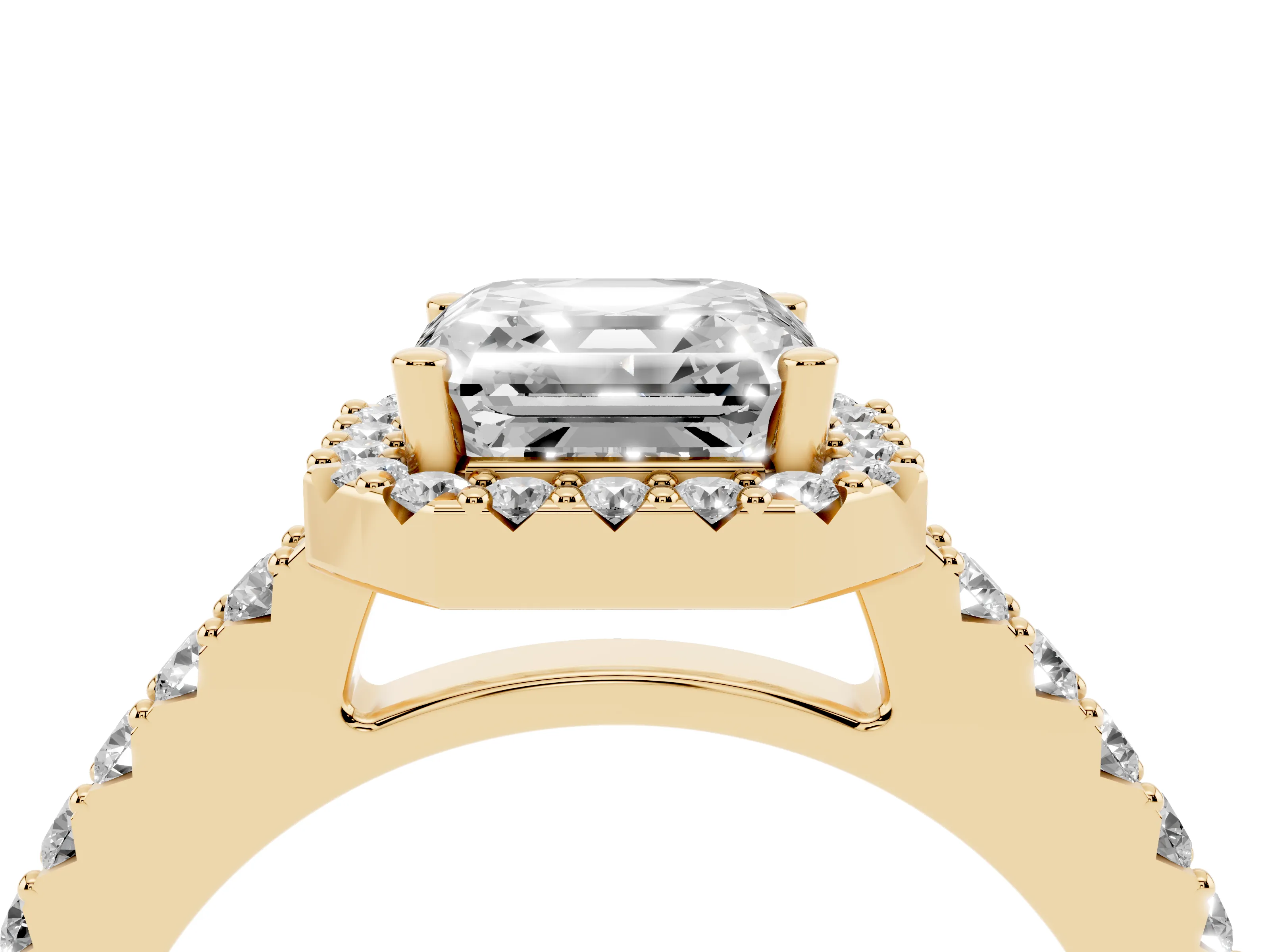 Asscher Cut Diamond Halo Pavé Solitaire Ring Set in Yellow gold with Prong-Set Center Stone
