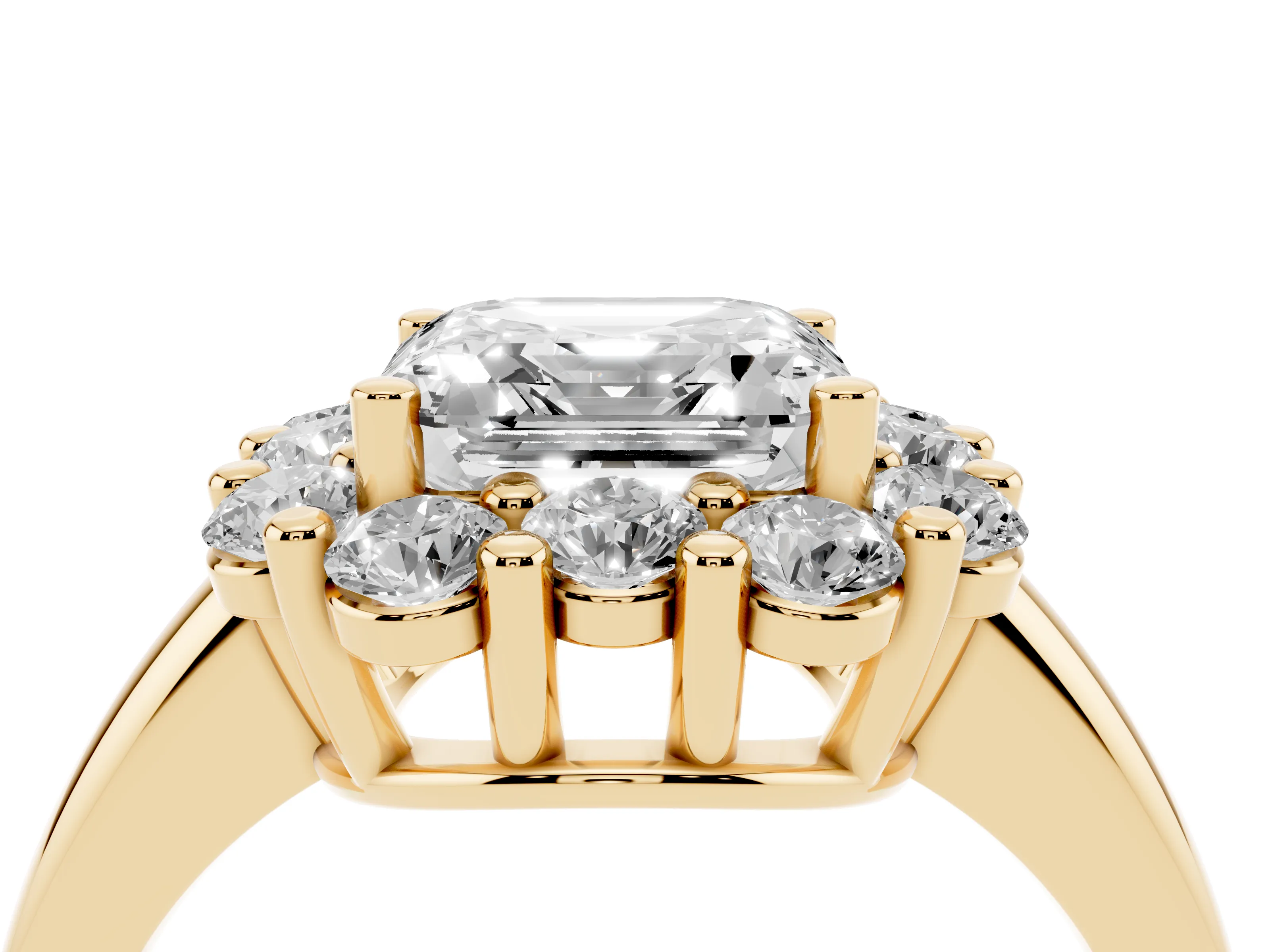 Asscher Cut Diamond Halo Cluster Engagement Ring Set in Yellow gold with Polished Band and Prong Setting