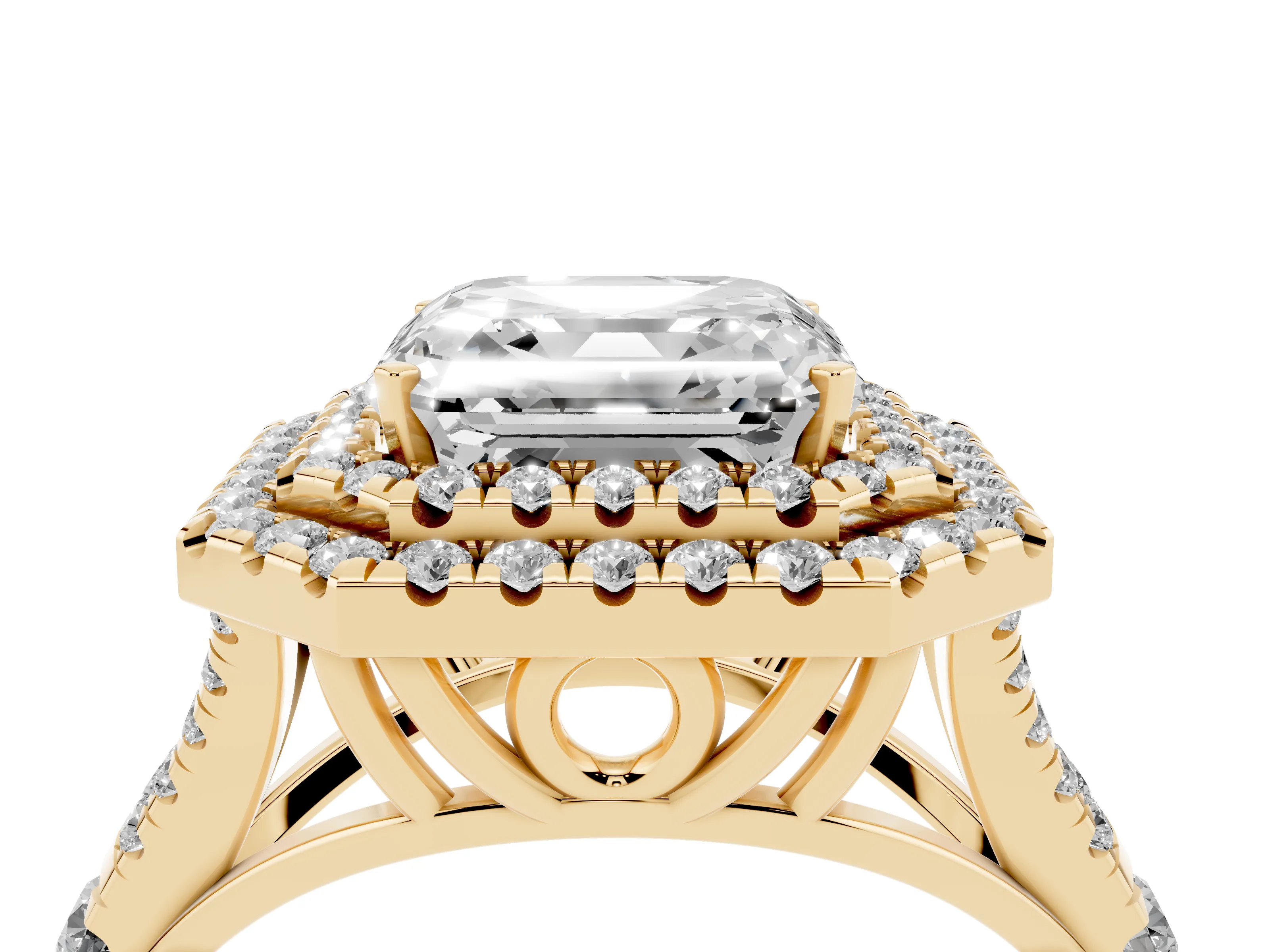 Asscher Cut Diamond Pavé Split Shank Double Halo Engagement Ring Set in Yellow gold