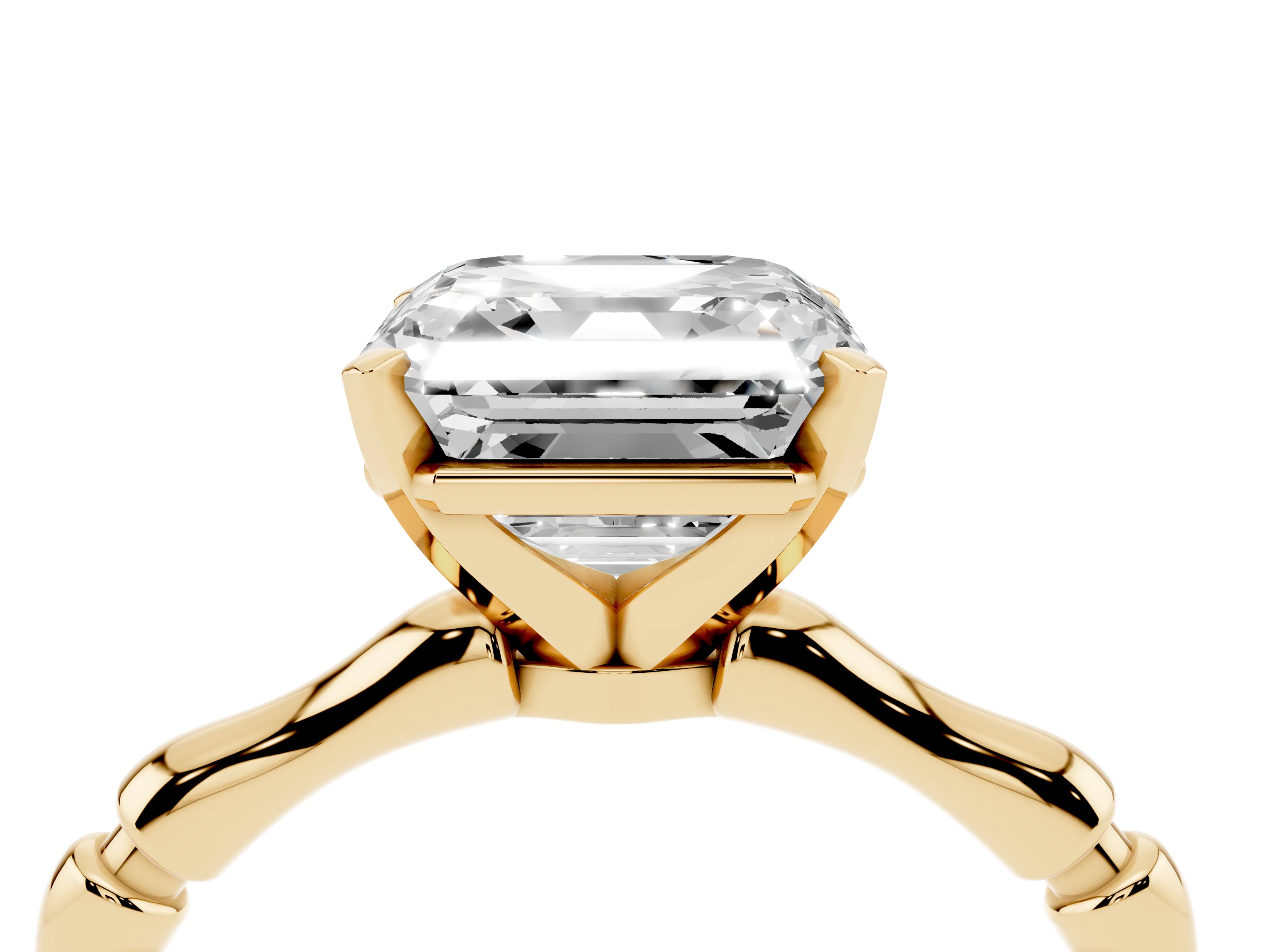 Asscher Cut Diamond Solitaire Ring Set in Yellow gold with Bamboo Band and Prong Setting