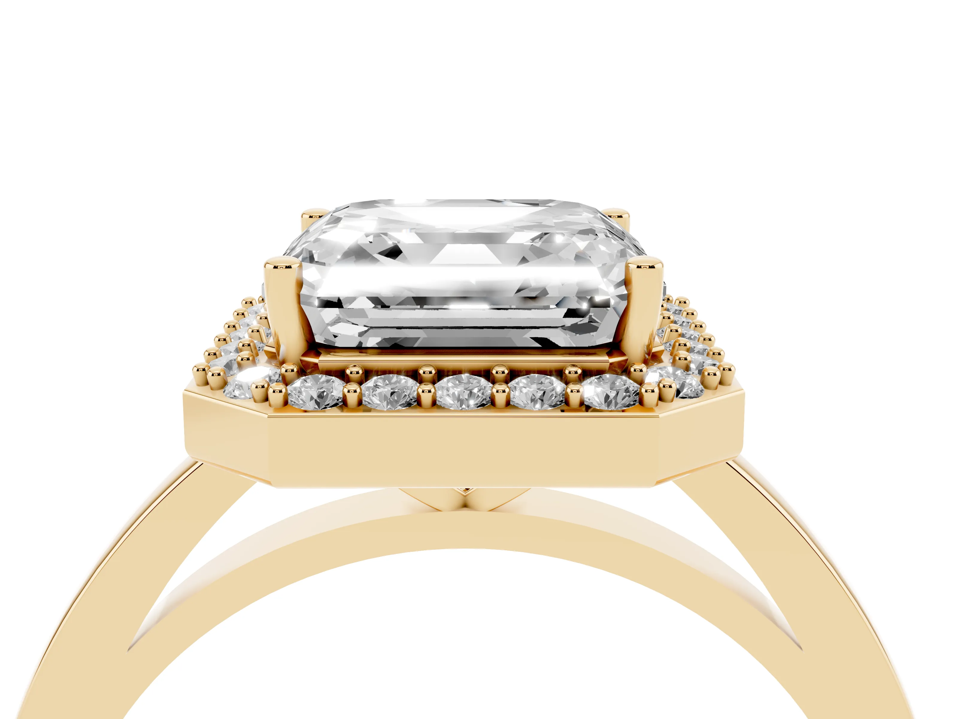 Asscher Cut Diamond Halo Ring Set in Yellow gold with Solitaire Band and Prong Setting