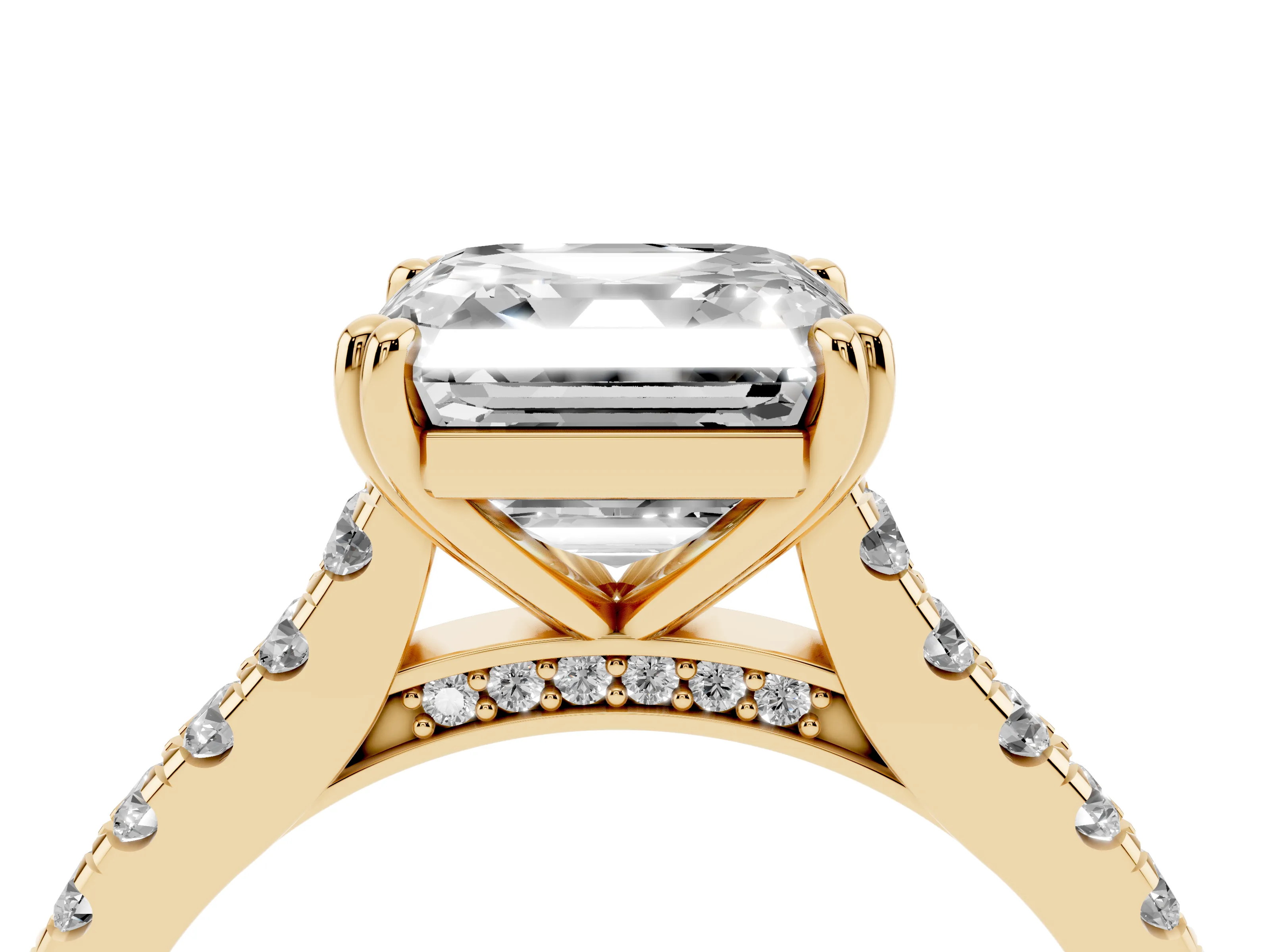 Asscher Cut Diamond Solitaire Engagement Ring Set in Yellow gold with Pavé Accents and Prong Setting