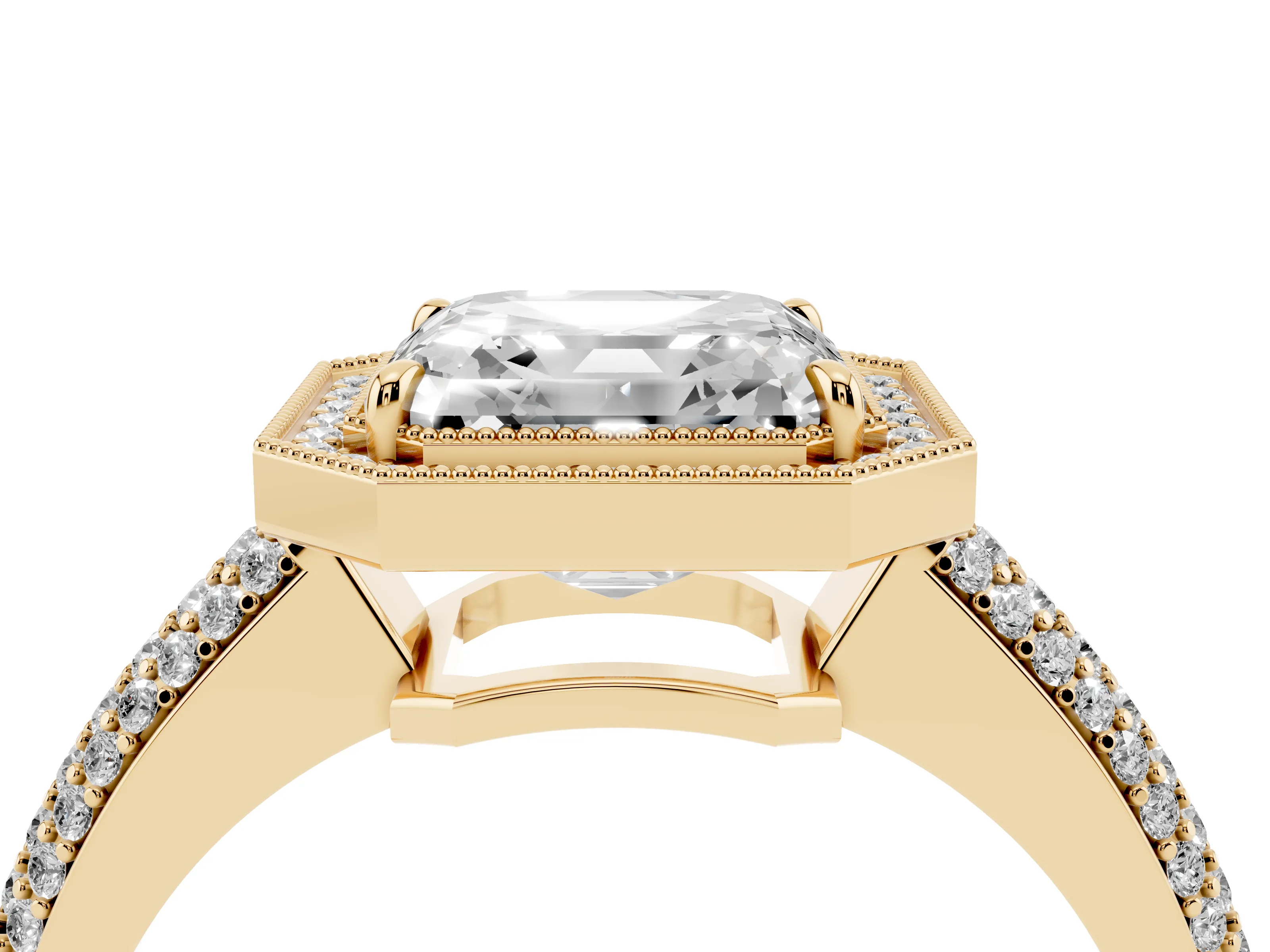 Asscher Cut Diamond Halo Pavé Band Set in Yellow gold with Prong Setting