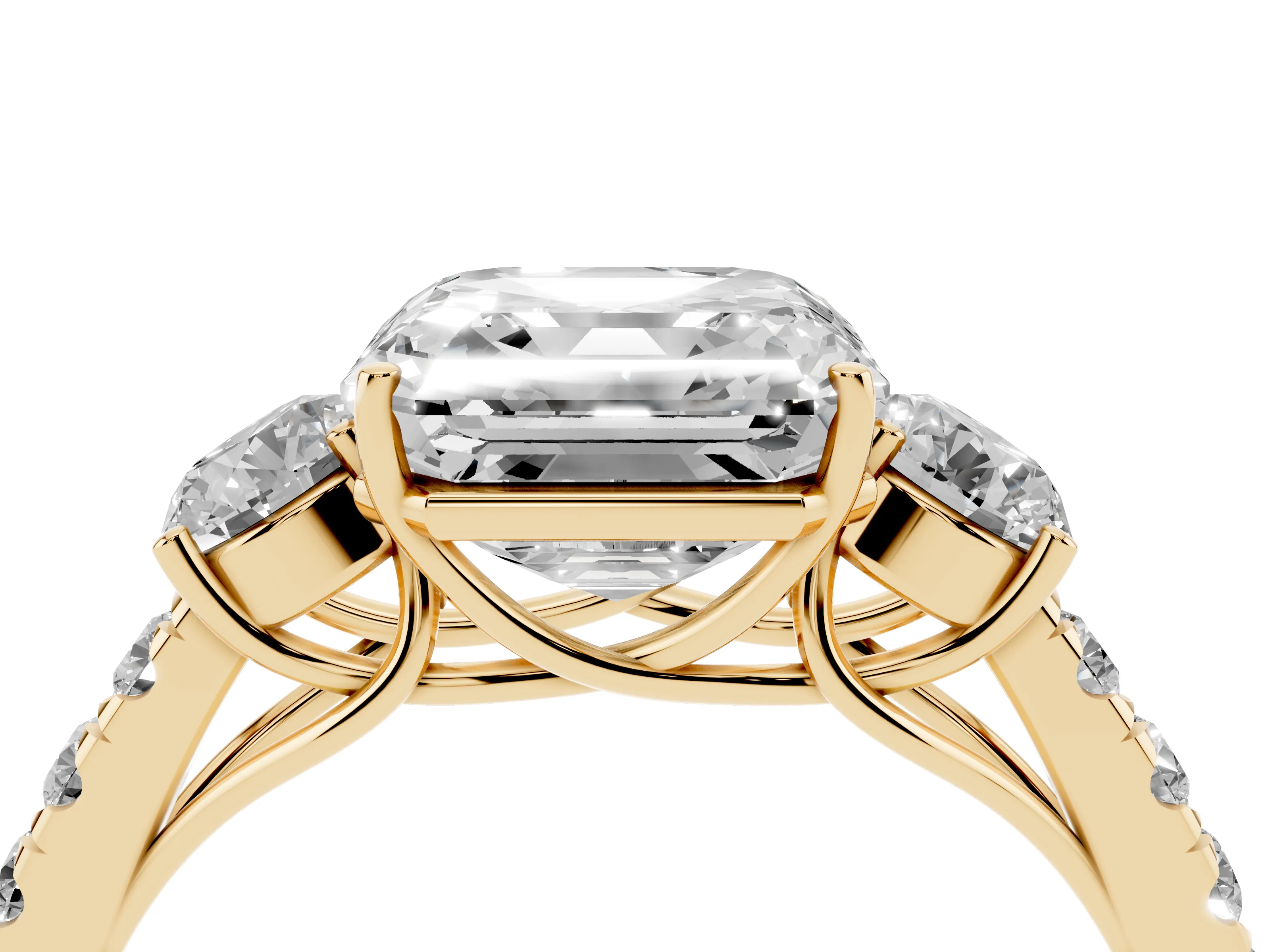 Asscher Cut Diamond Three-Stone Ring Set in Yellow gold with Round Side Stones and Delicate Pavé Band
