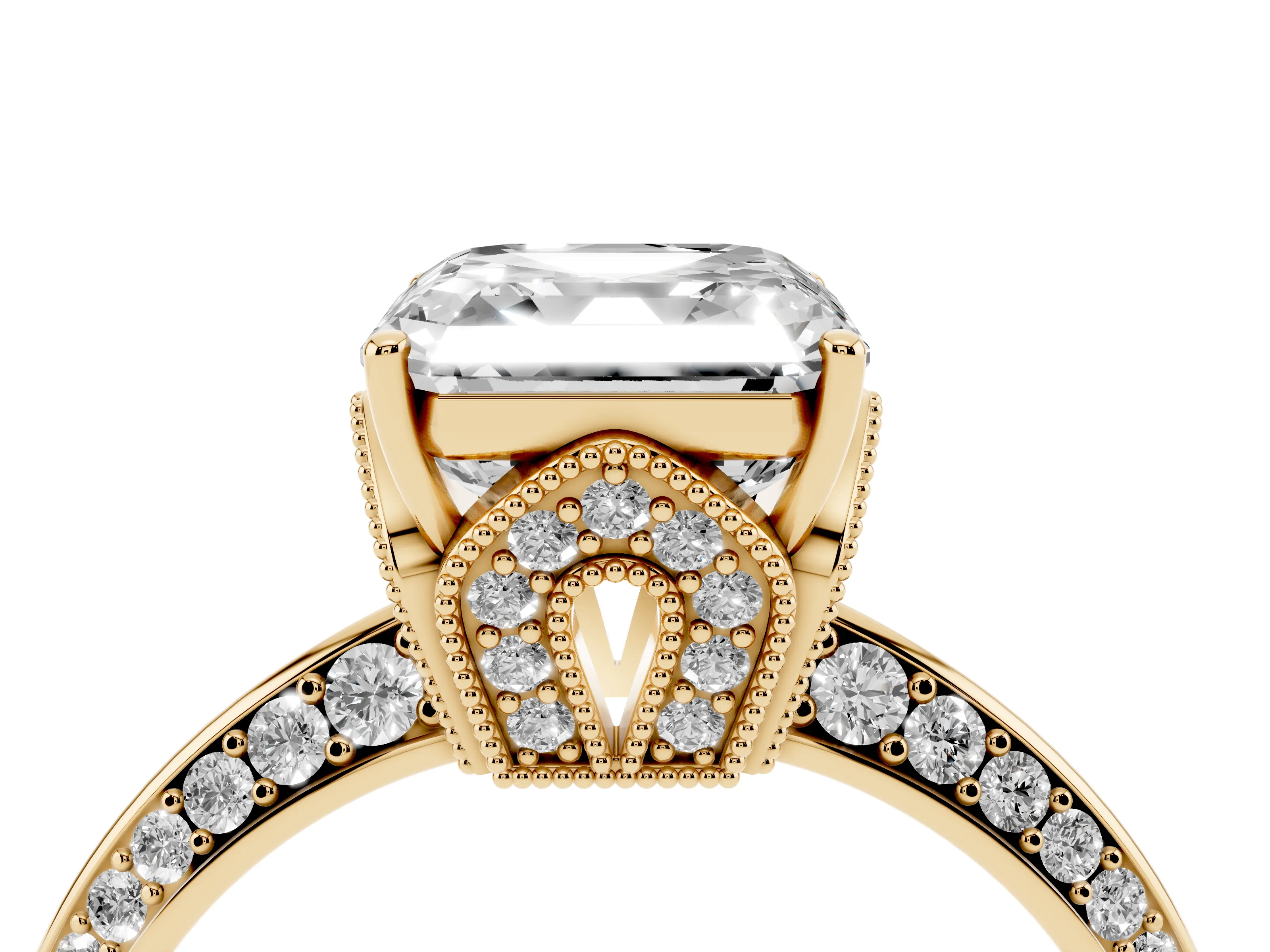 Asscher Cut Diamond Solitaire Engagement Ring Set in Yellow gold with Pavé Split Shank and Prong Setting