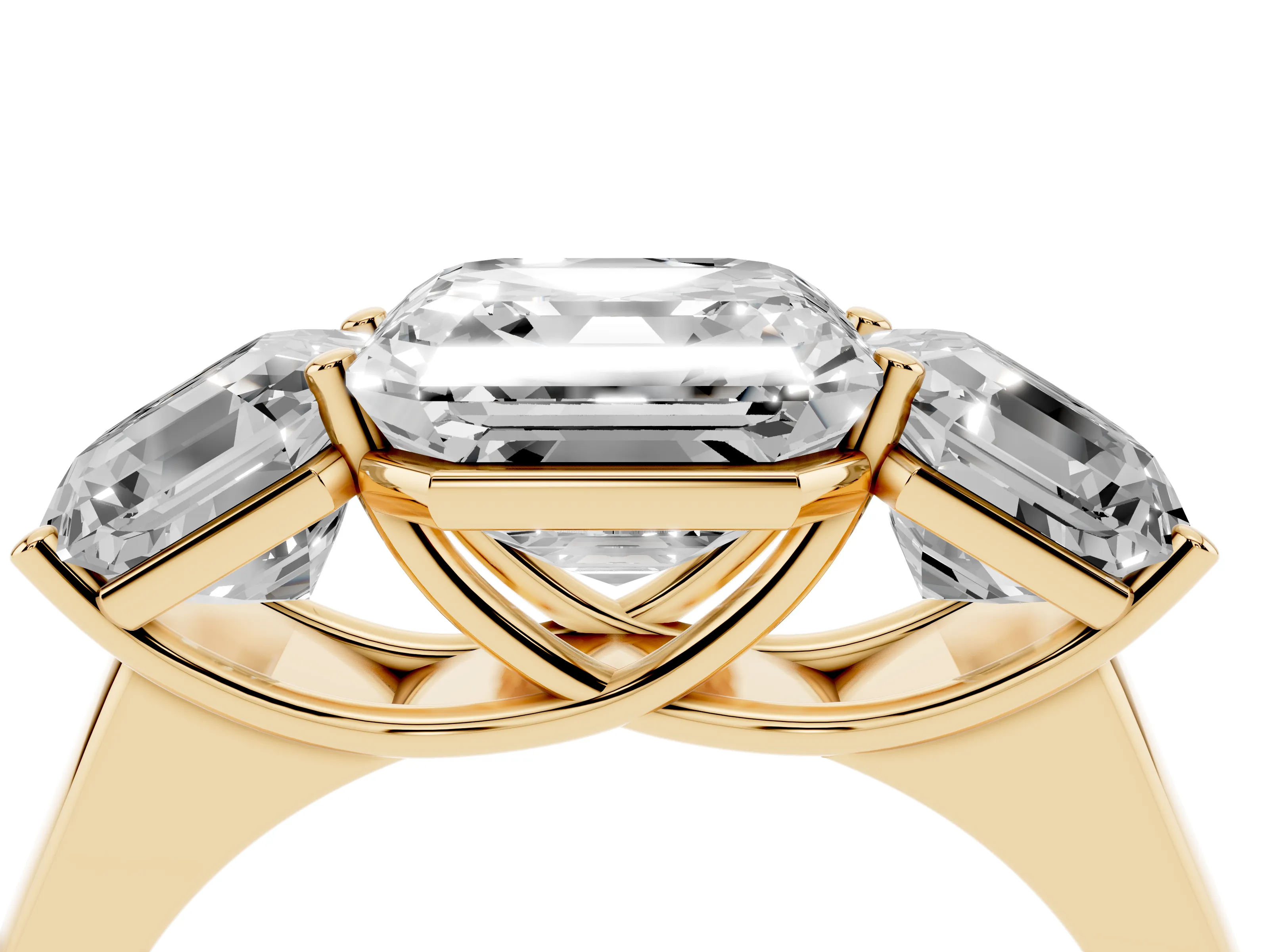 Asscher Cut Diamond Three-Stone Ring Set in Yellow gold with Plain Polished Band