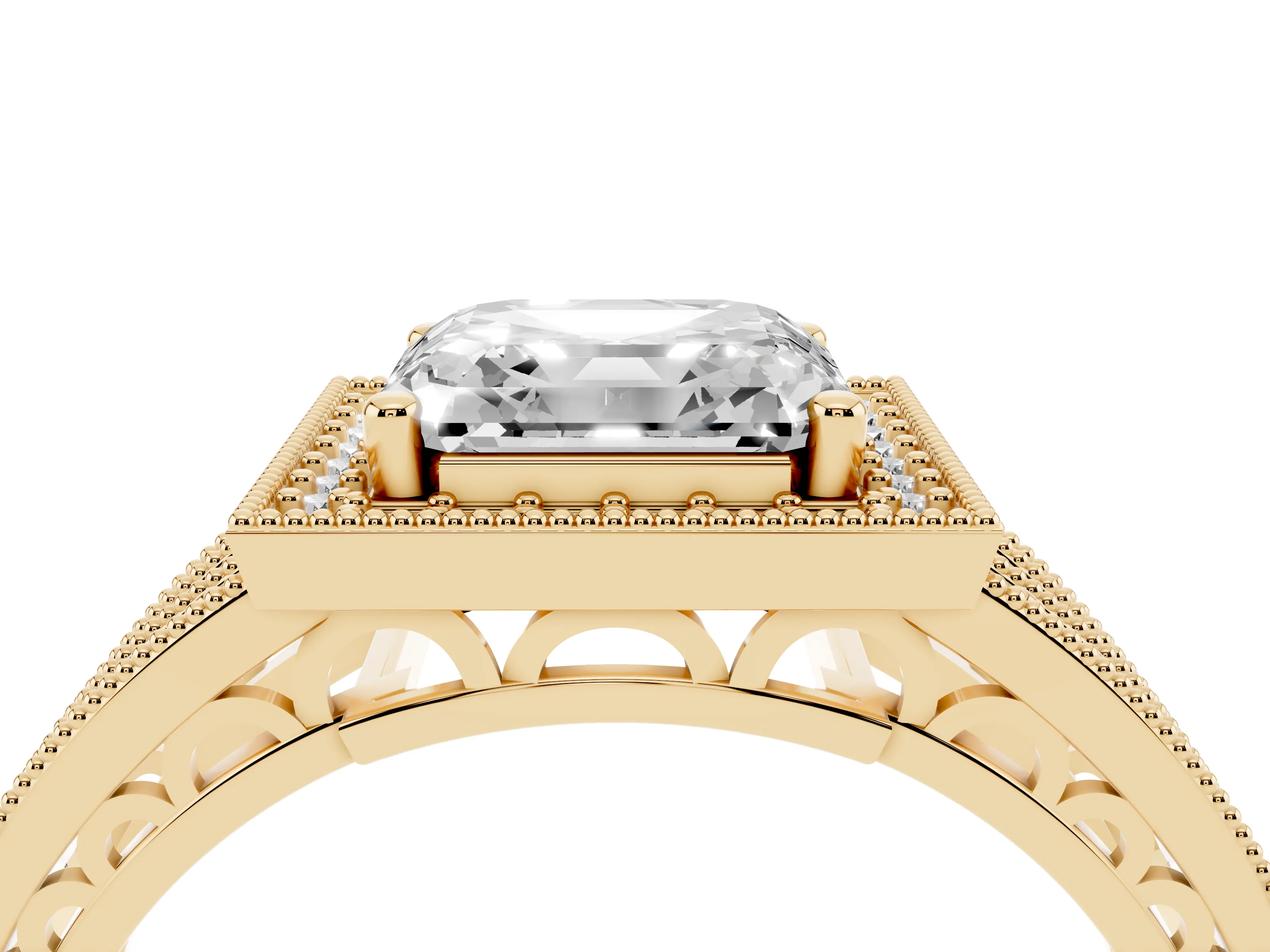 Asscher Cut Diamond Halo Ring Set in Yellow gold with Accent Split Shank and Prong Setting
