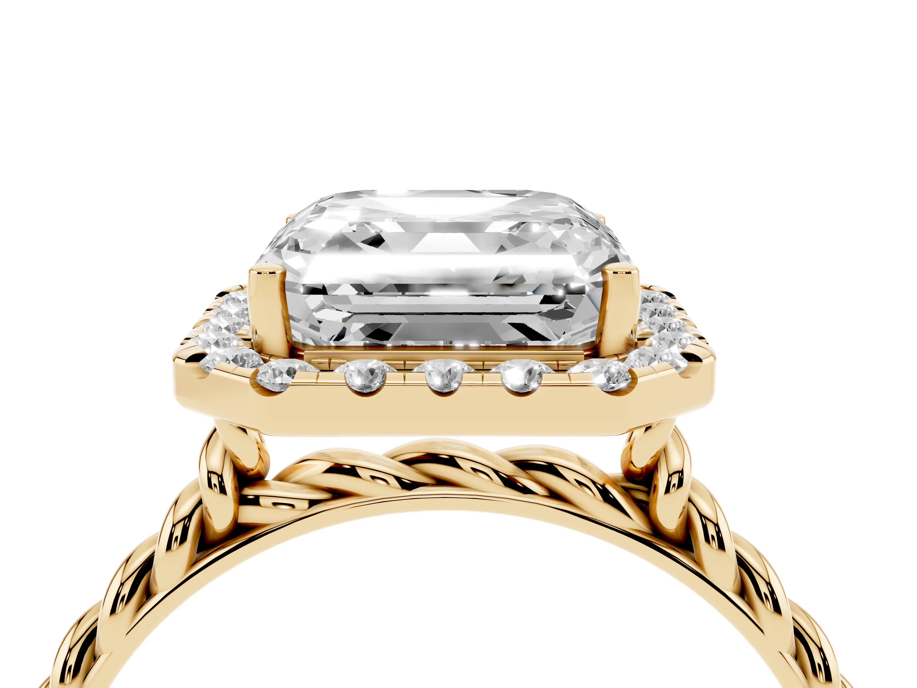 Asscher Cut Diamond Halo Ring Set in Yellow gold with Plain Twisted Band