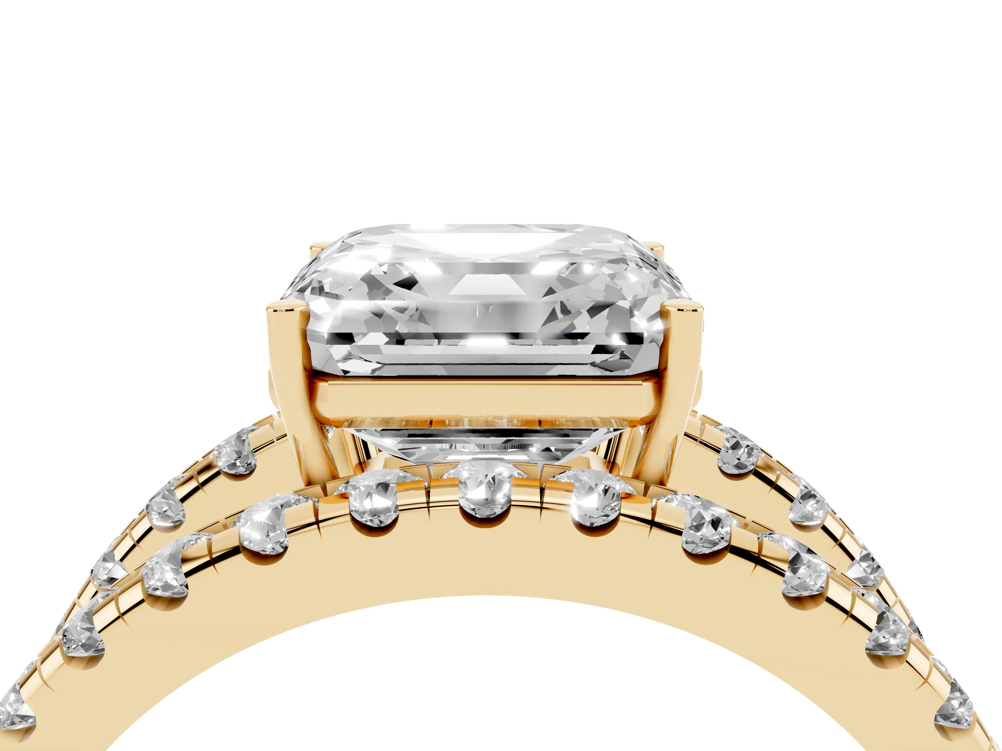 Asscher Cut Diamond Split Shank Pavé Solitaire Ring Set in Yellow gold with Open Shank Design