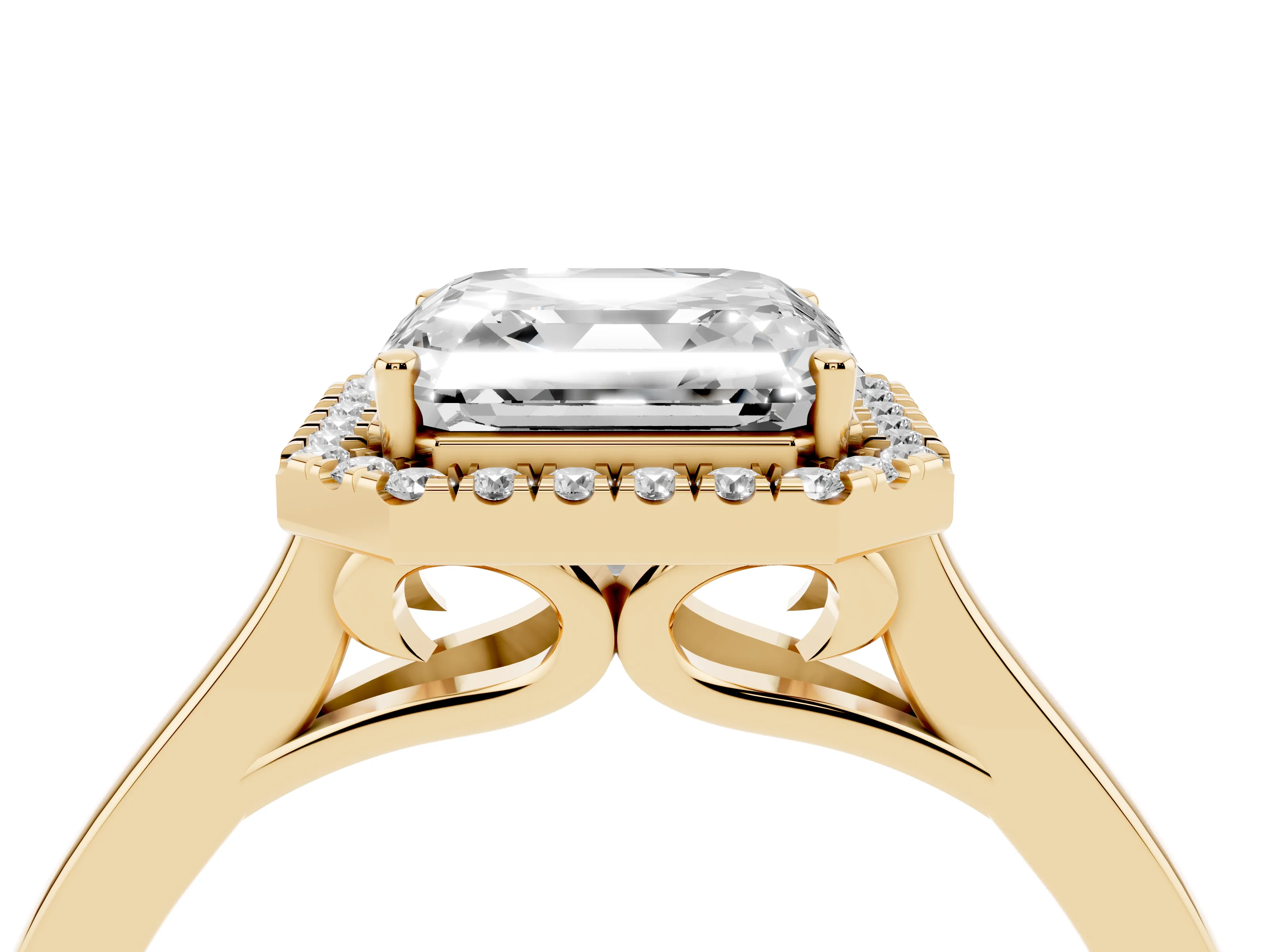 Asscher Cut Halo Round Diamond Solitaire Ring Set in Yellow gold with Pavé Band and Prong Setting