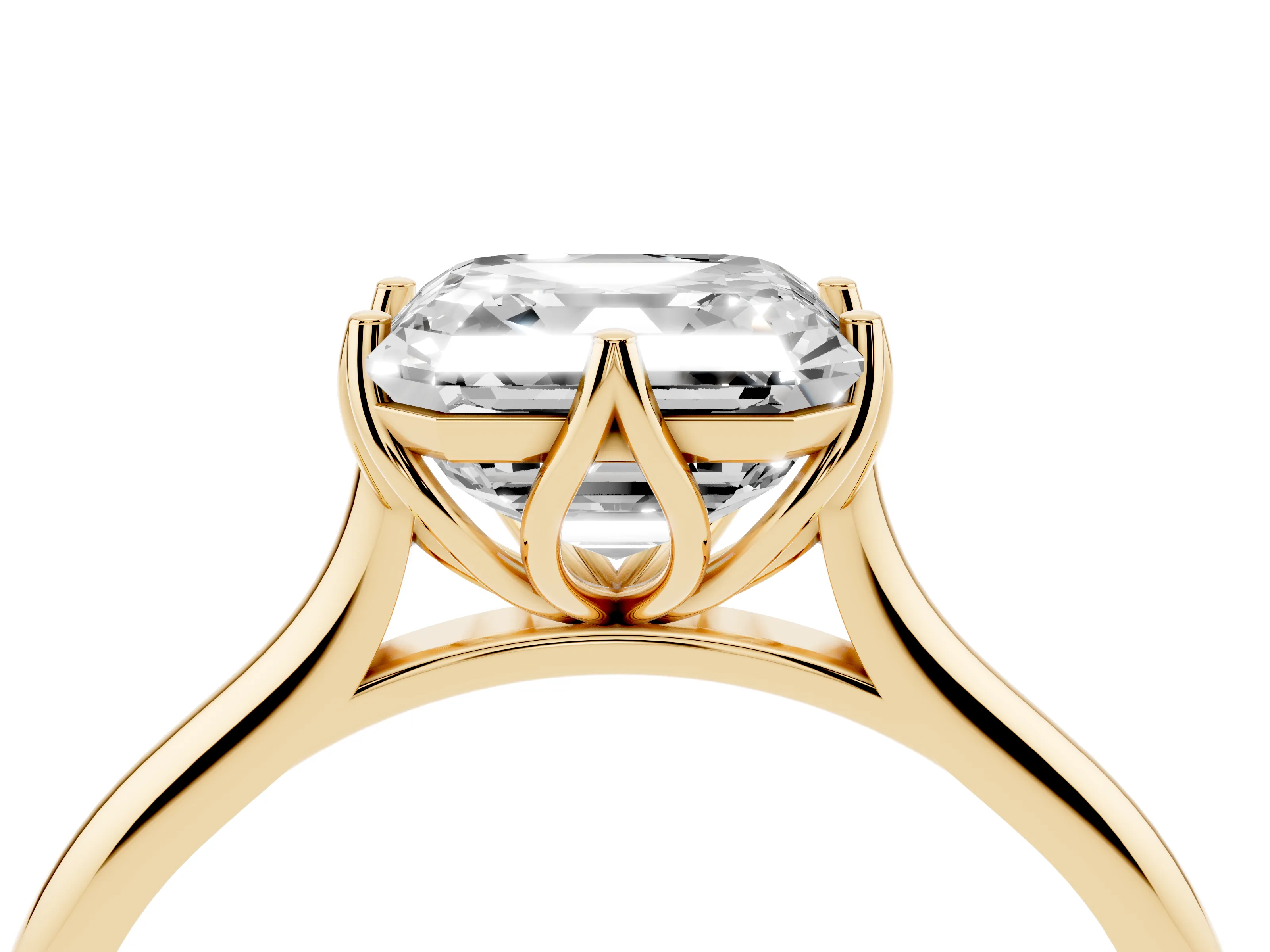 Asscher Cut Diamond Solitaire Cathedral Ring Set in Yellow gold with Prong Setting