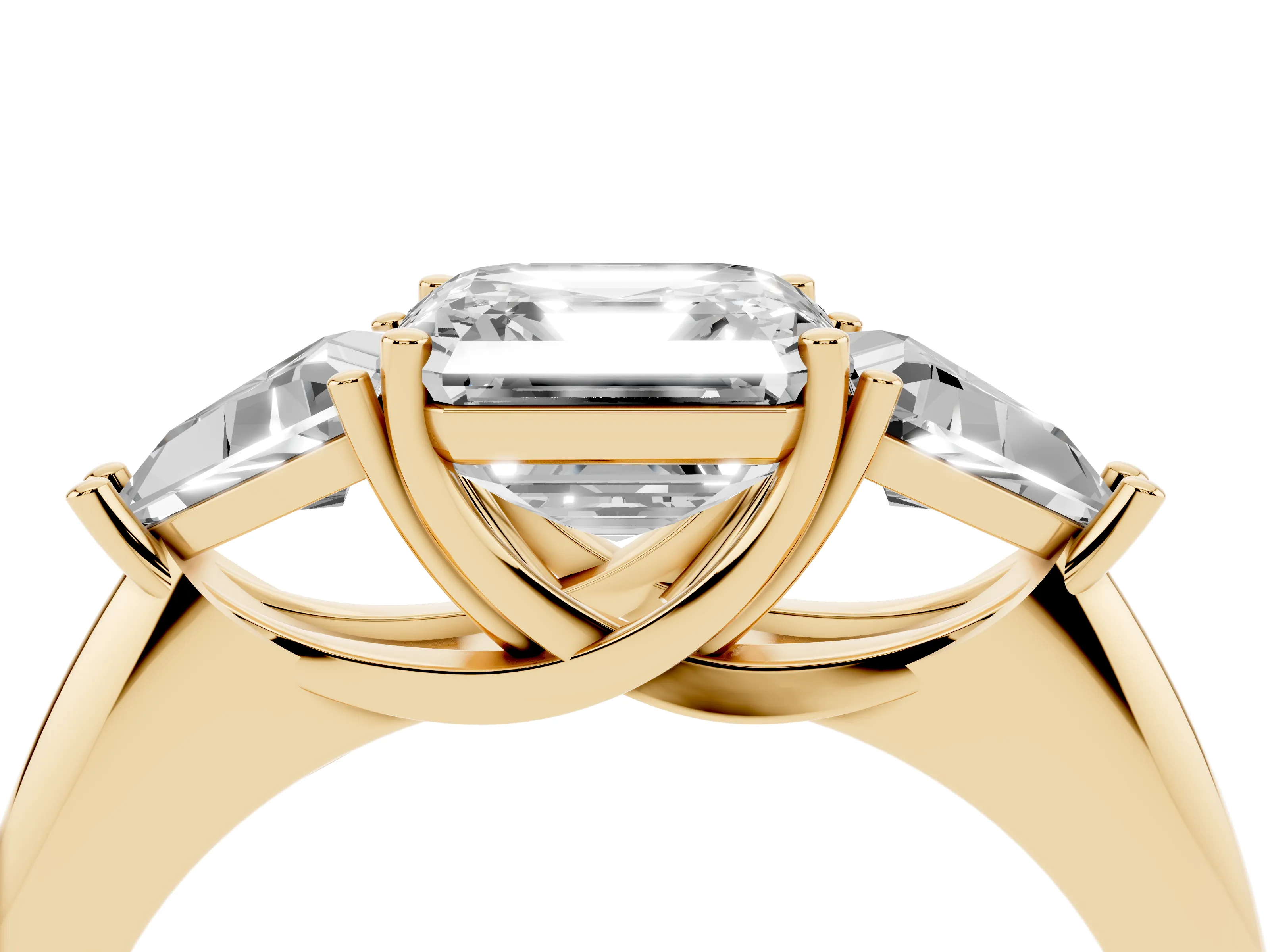 Asscher Cut Diamond Three-Stone Engagement Ring Set in Yellow gold with Trillion Side Stones