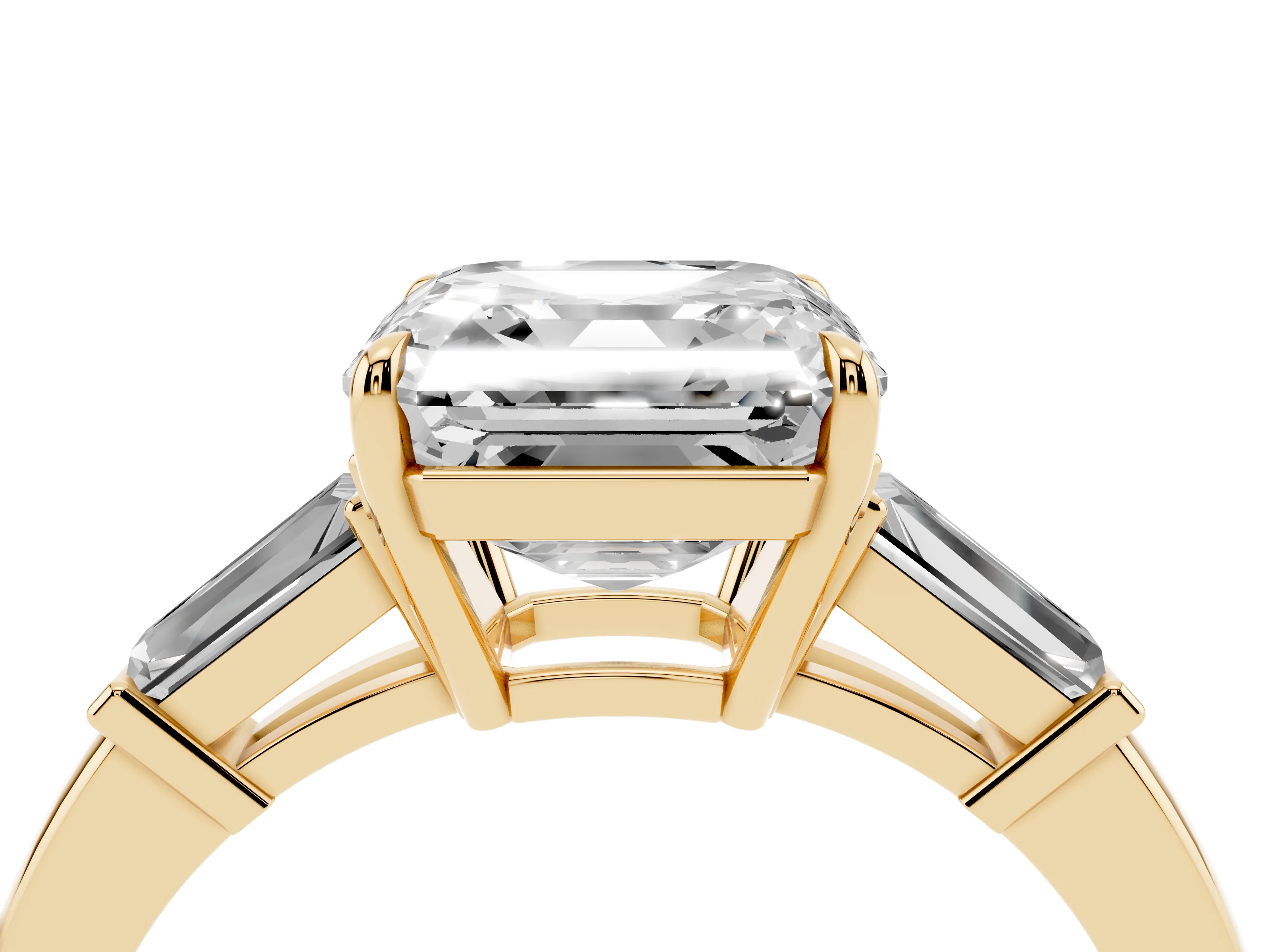 Asscher Cut Diamond Three-Stone Ring Set in Yellow gold with Tapered Baguette Side Stones and Prong Setting