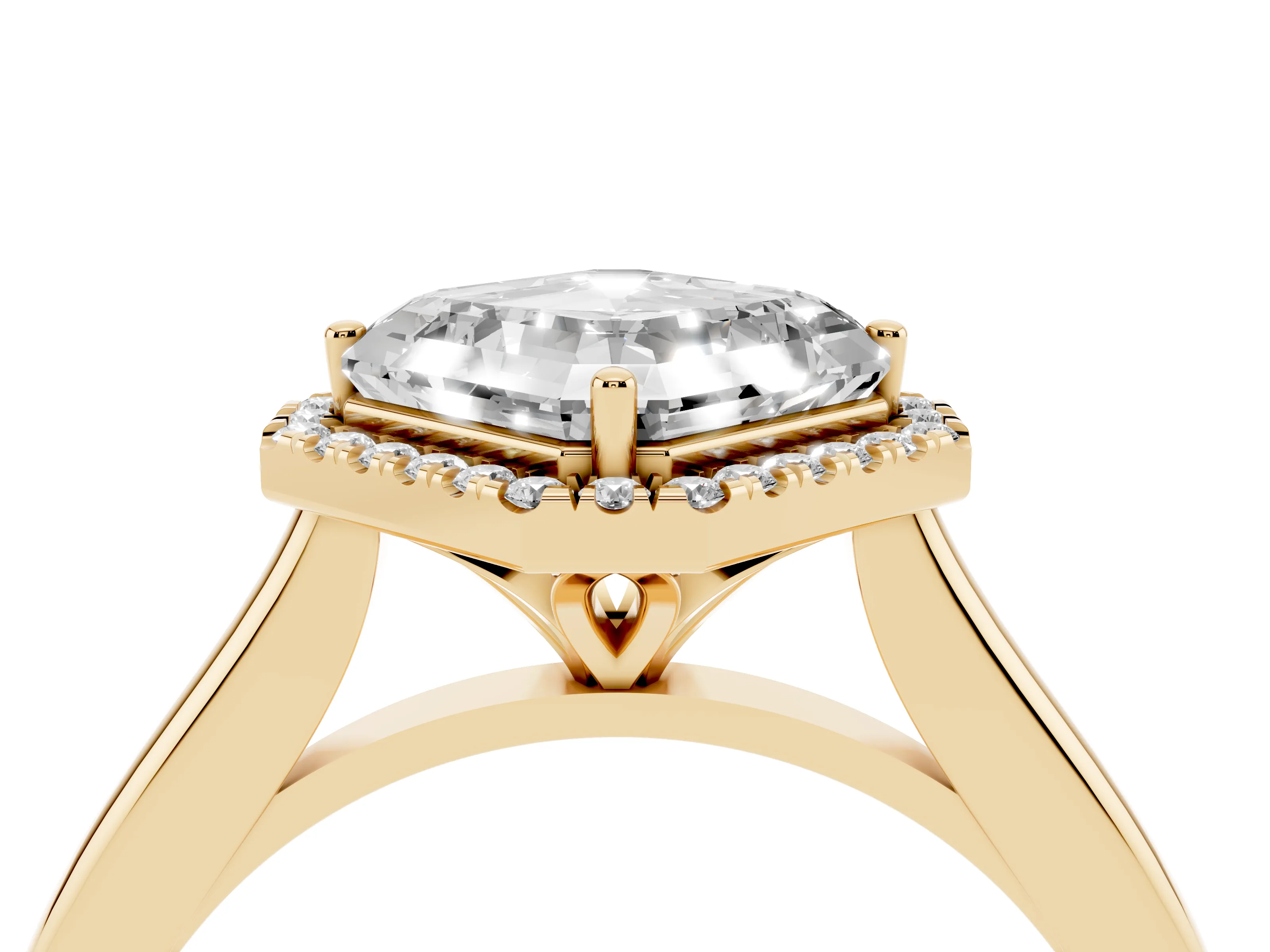 Asscher Cut Diamond Halo Engagement Ring Set in Yellow gold with Pavé Band and Rising Shoulders