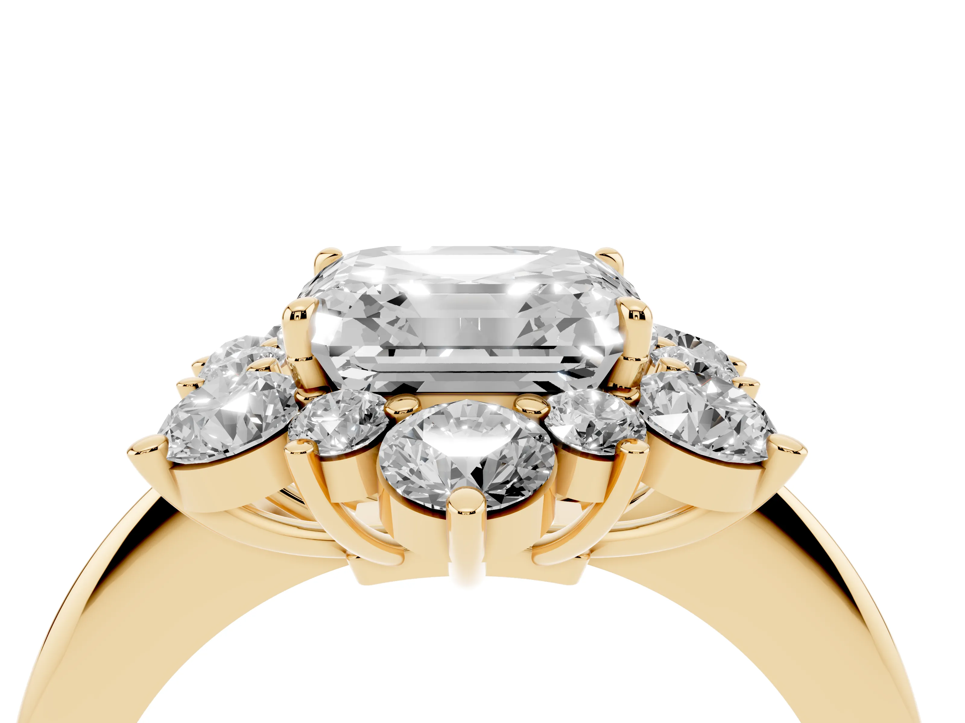 Asscher Cut Diamond Cluster Halo Ring Set in Yellow gold with Solitaire Band and Prong Setting
