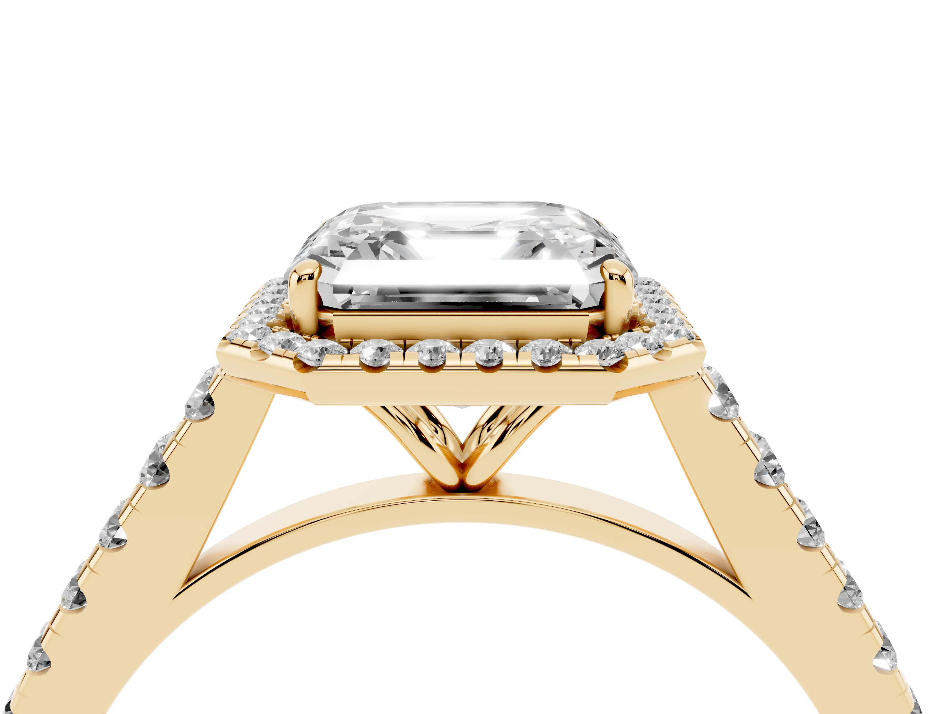 Asscher Cut Diamond Halo Pavé Engagement Ring Set in Yellow gold with Prong Setting