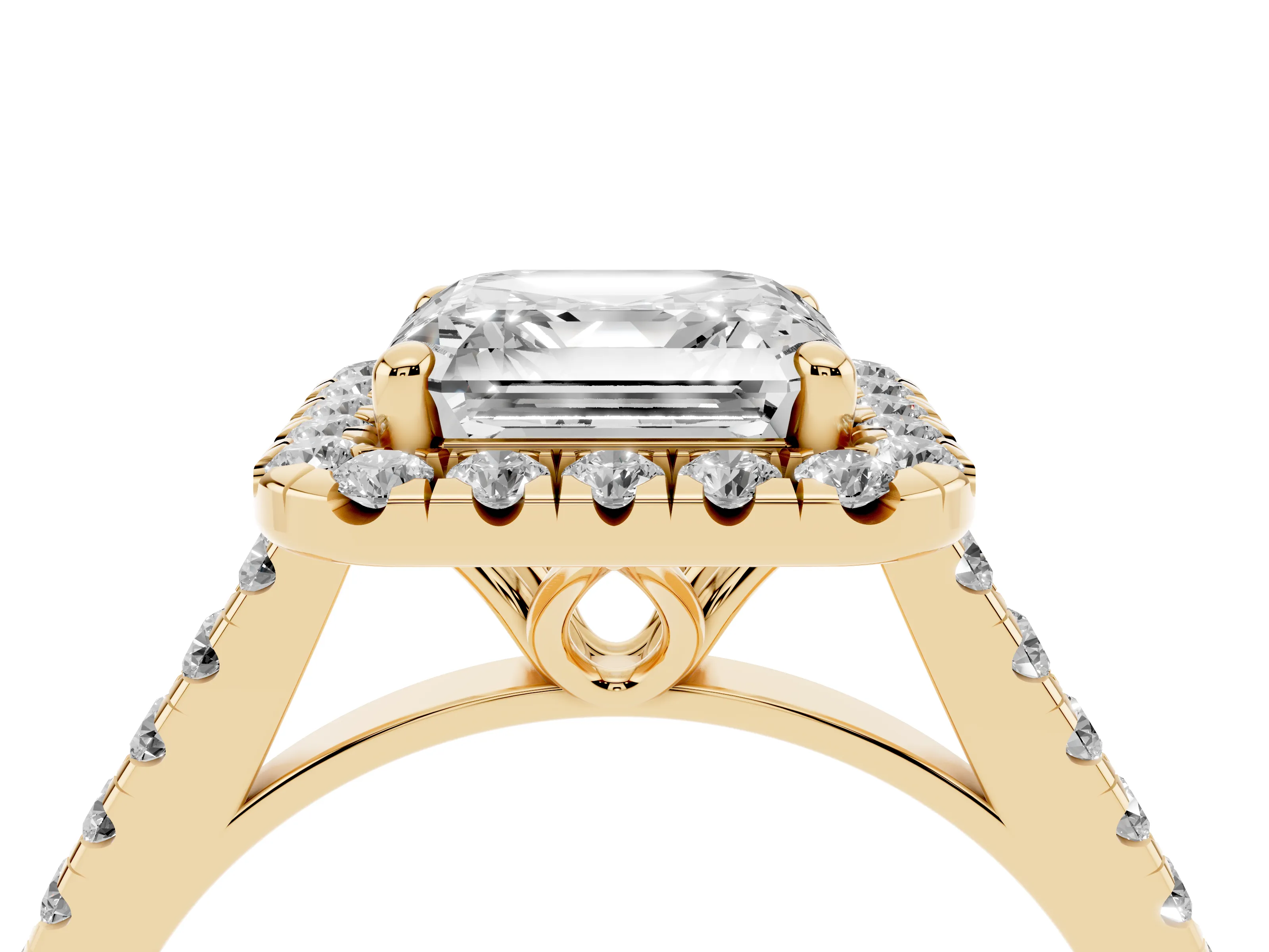 Asscher Cut Diamond Pavé Halo Engagement Ring Set in Yellow gold with Pavé Band and Prong Setting
