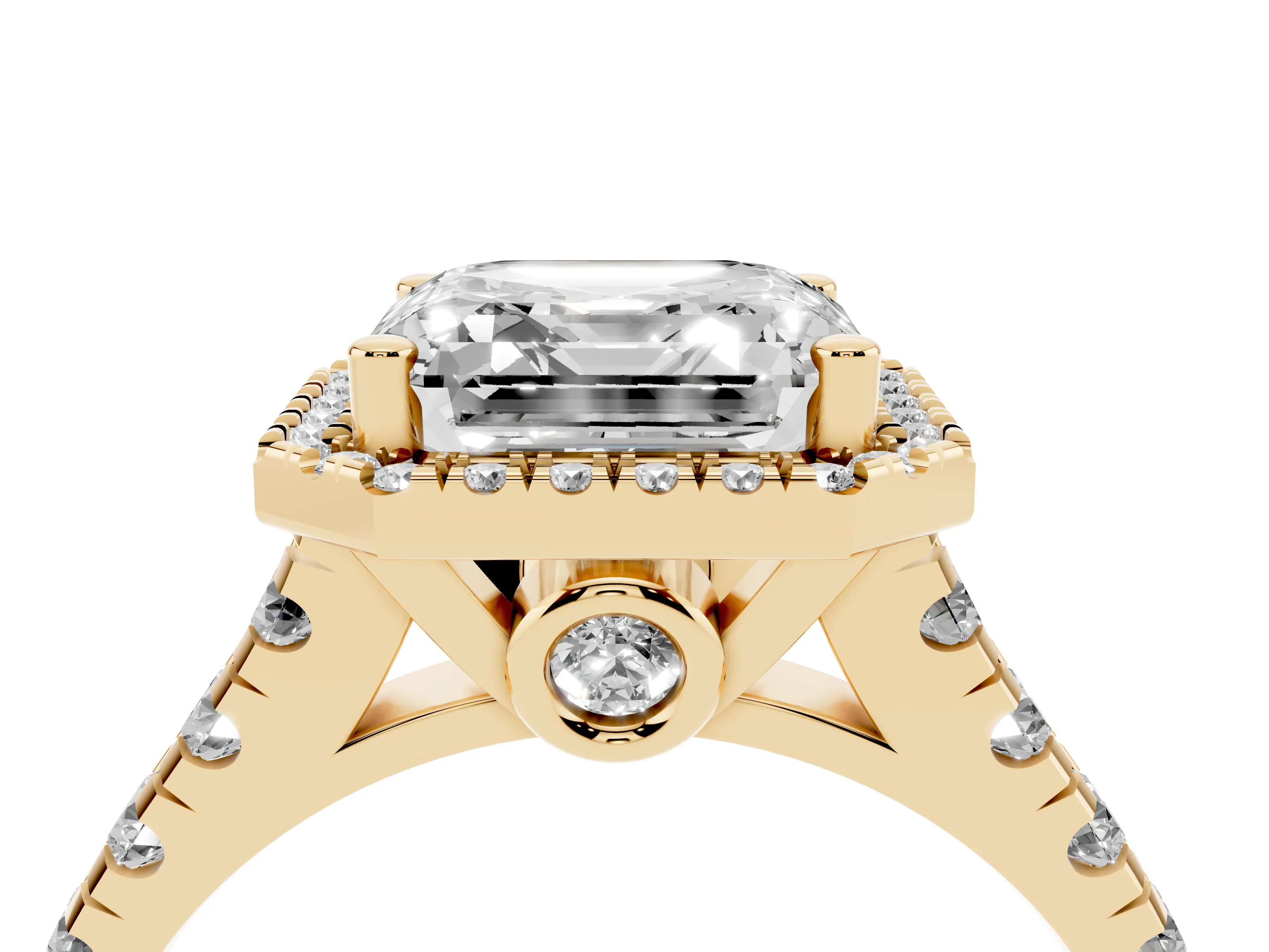 Asscher Cut Diamond Halo Engagement Ring Set in Yellow gold with Pavé Band and Prong-Set Center