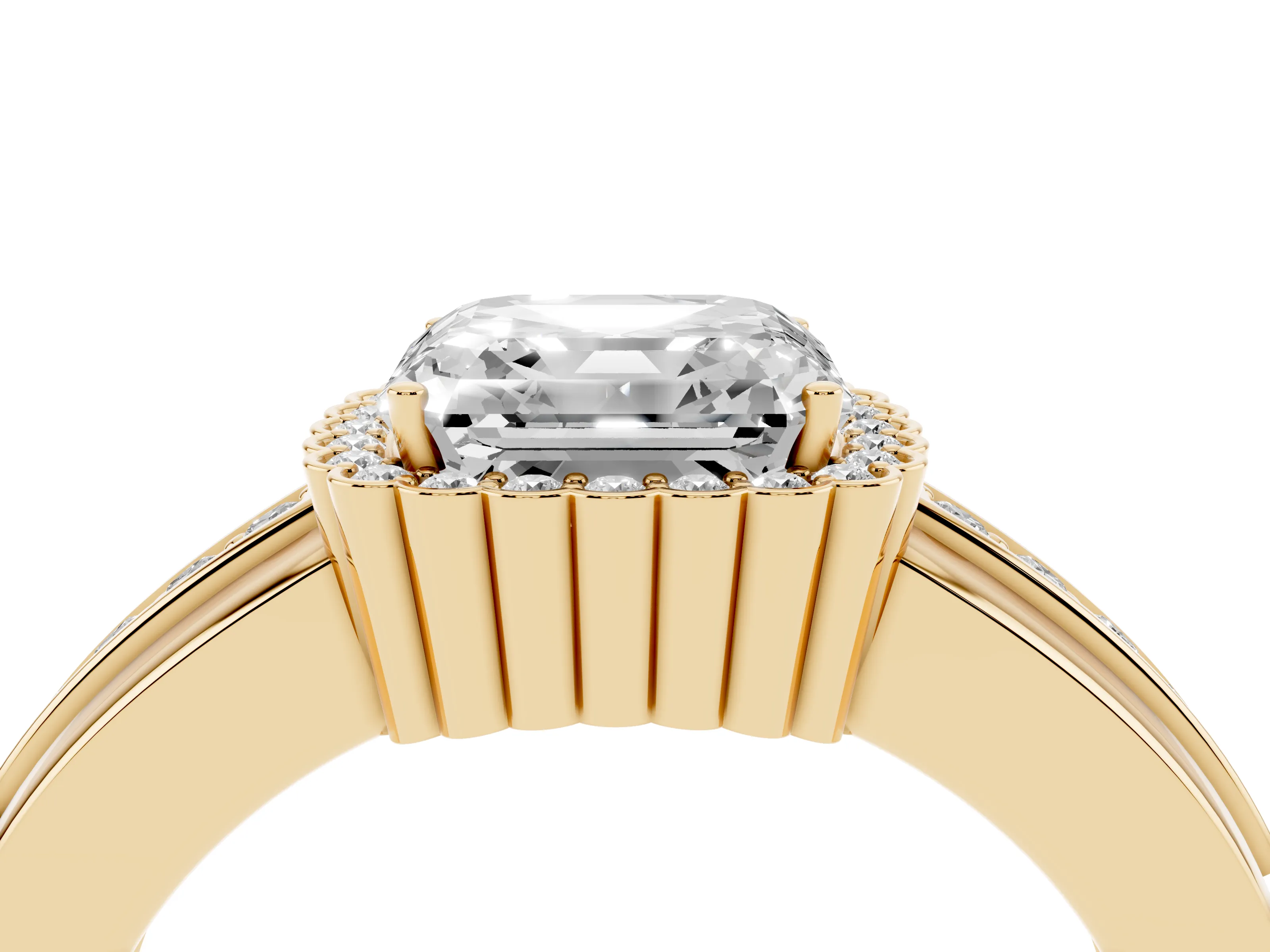 Asscher Cut Diamond Halo Prong Ring Set in Yellow gold with Pavé Band