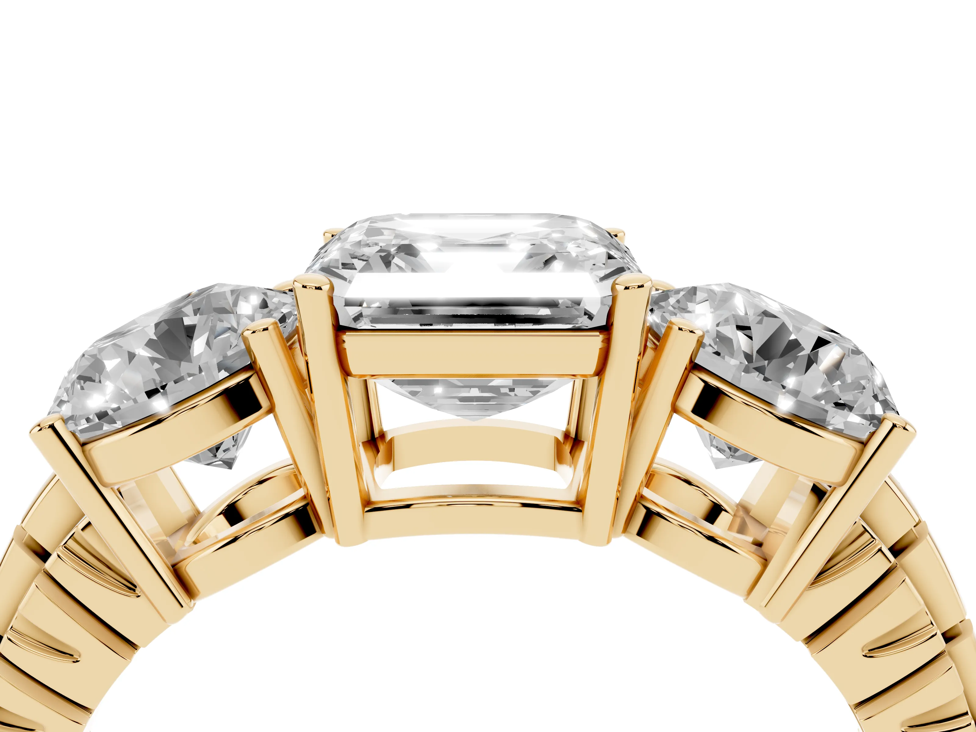 Asscher Cut Diamond Three-Stone Ring Set in Yellow gold with Channel-Set Accent Band