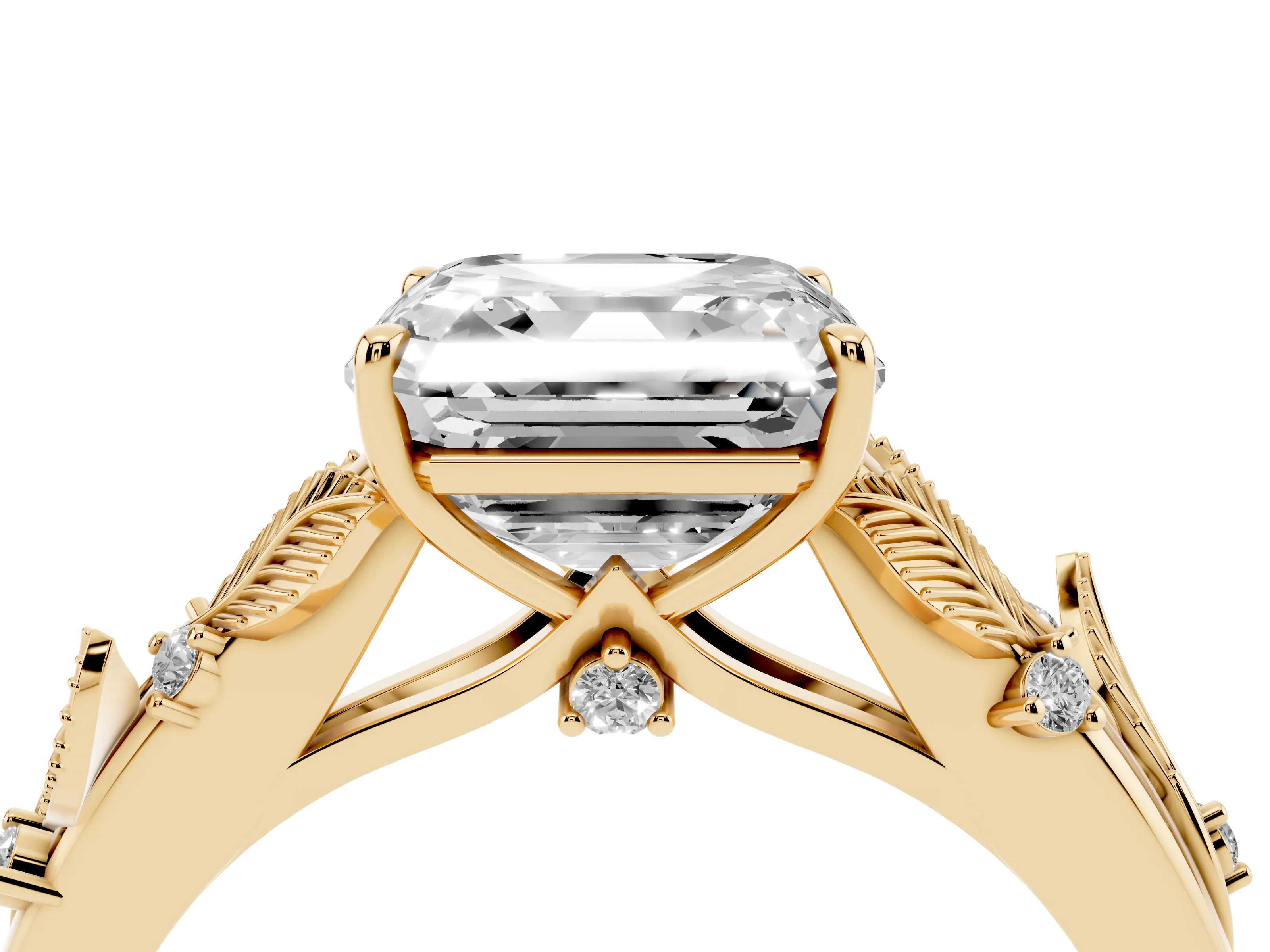 Asscher Cut Diamond Solitaire Ring Set in Yellow gold with Leaf Motif Band