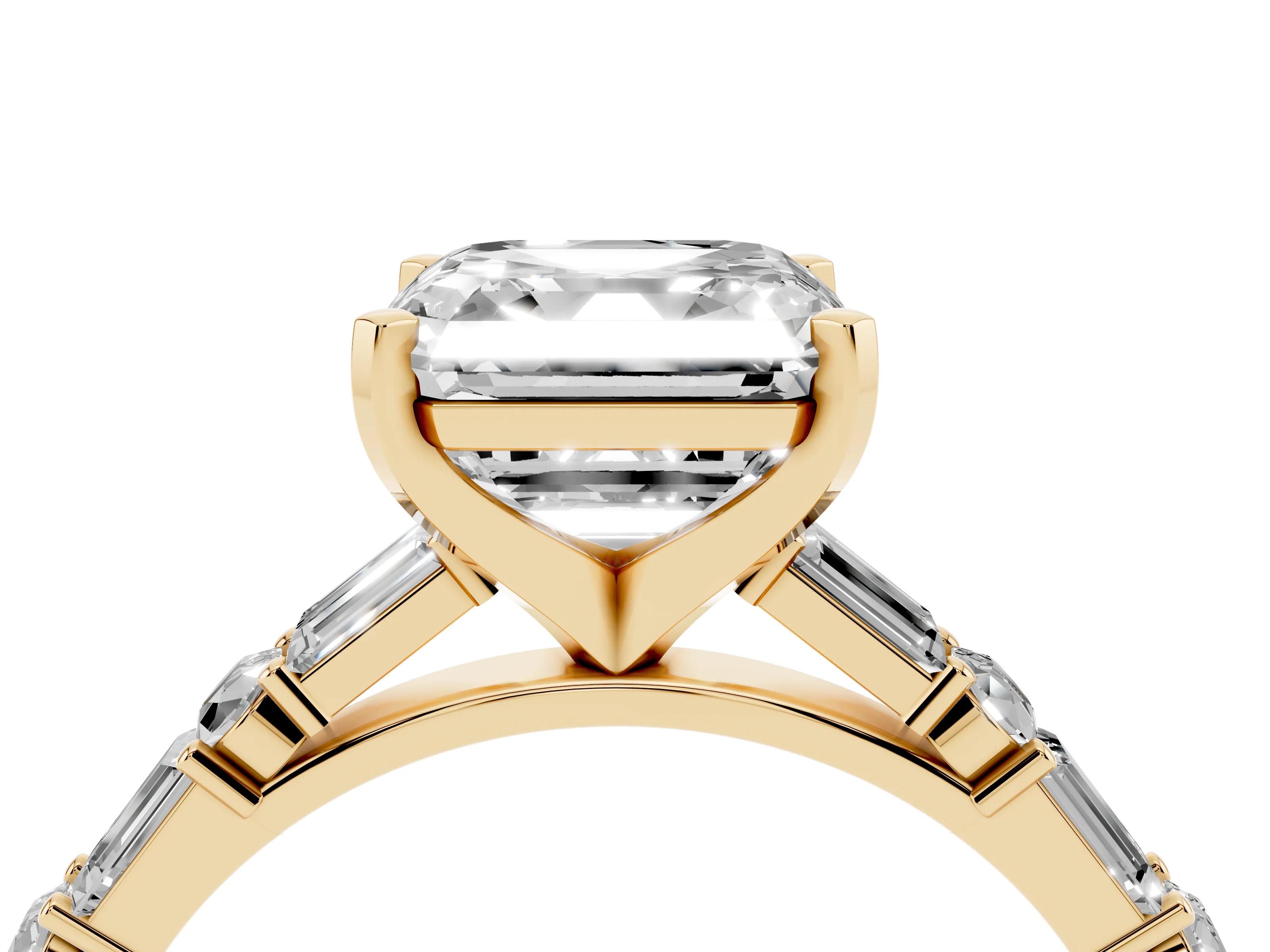 Asscher Cut Diamond Solitaire Set in Yellow gold with Side Baguettes and Channel Set Band