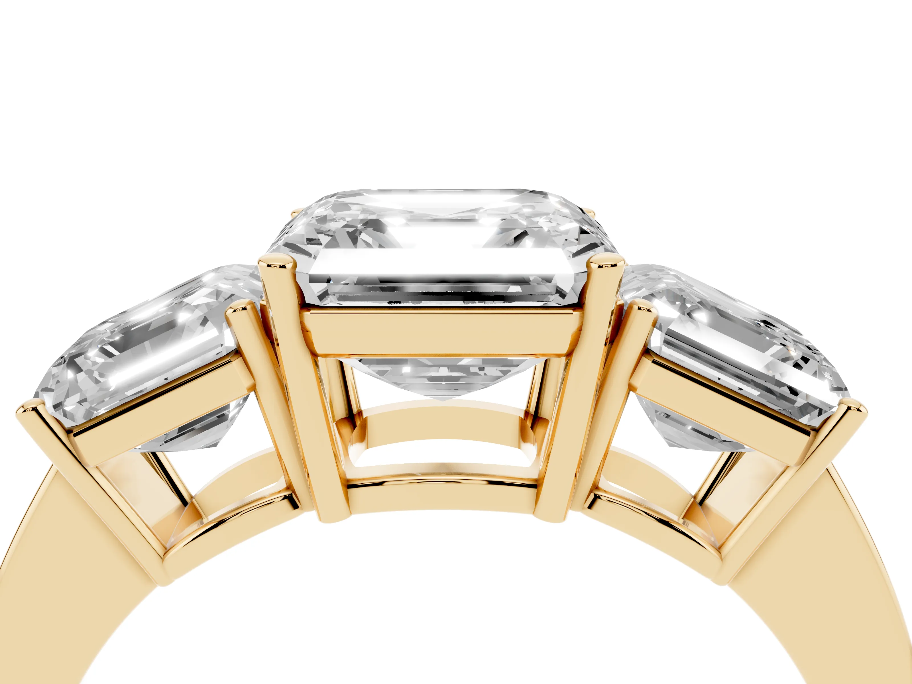 Asscher Cut Diamond Three-Stone Engagement Ring Set in Yellow gold with Flat Band