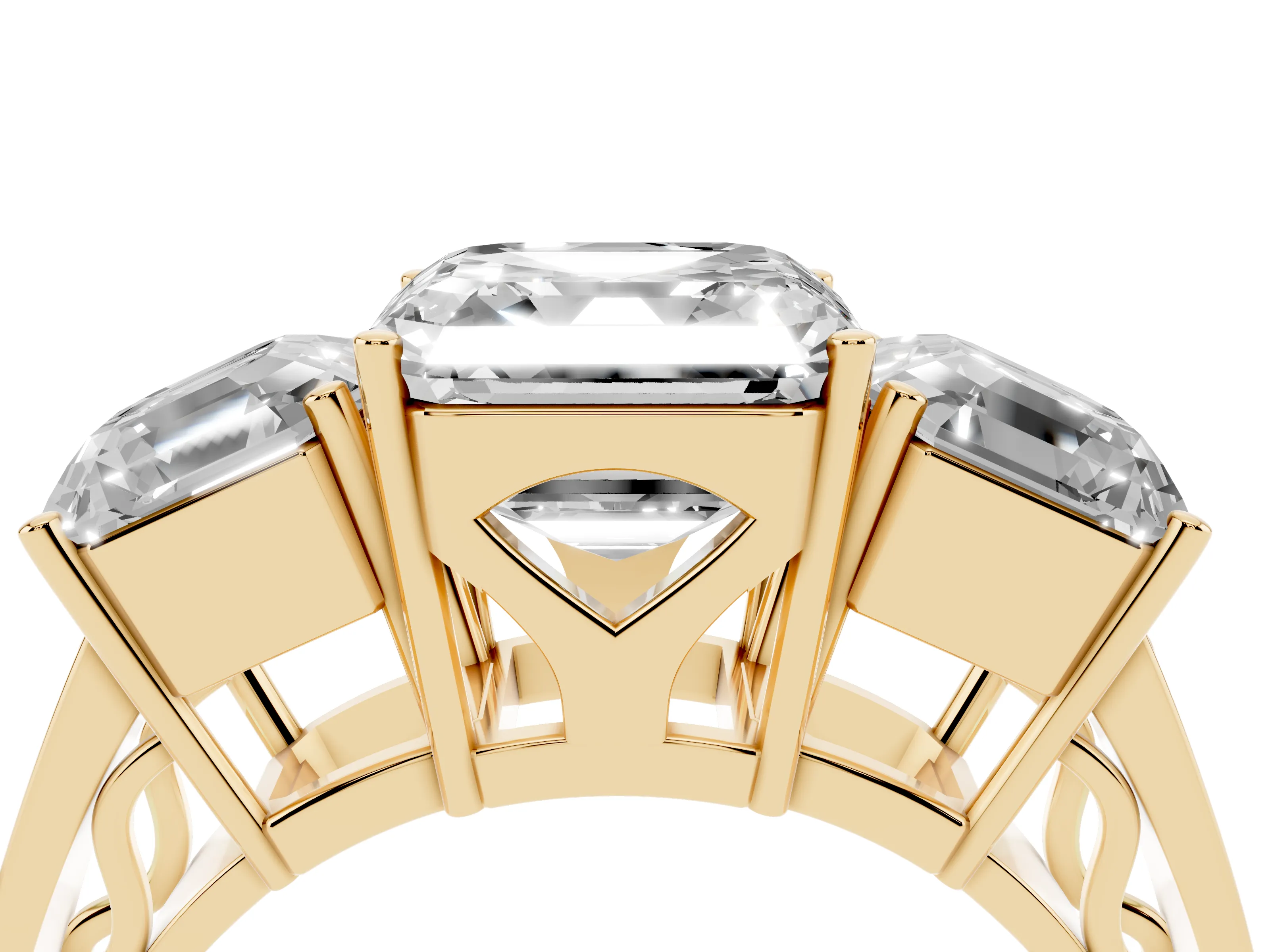 Asscher Cut Diamond Three-Stone Ring Set in Yellow gold with Textured Band