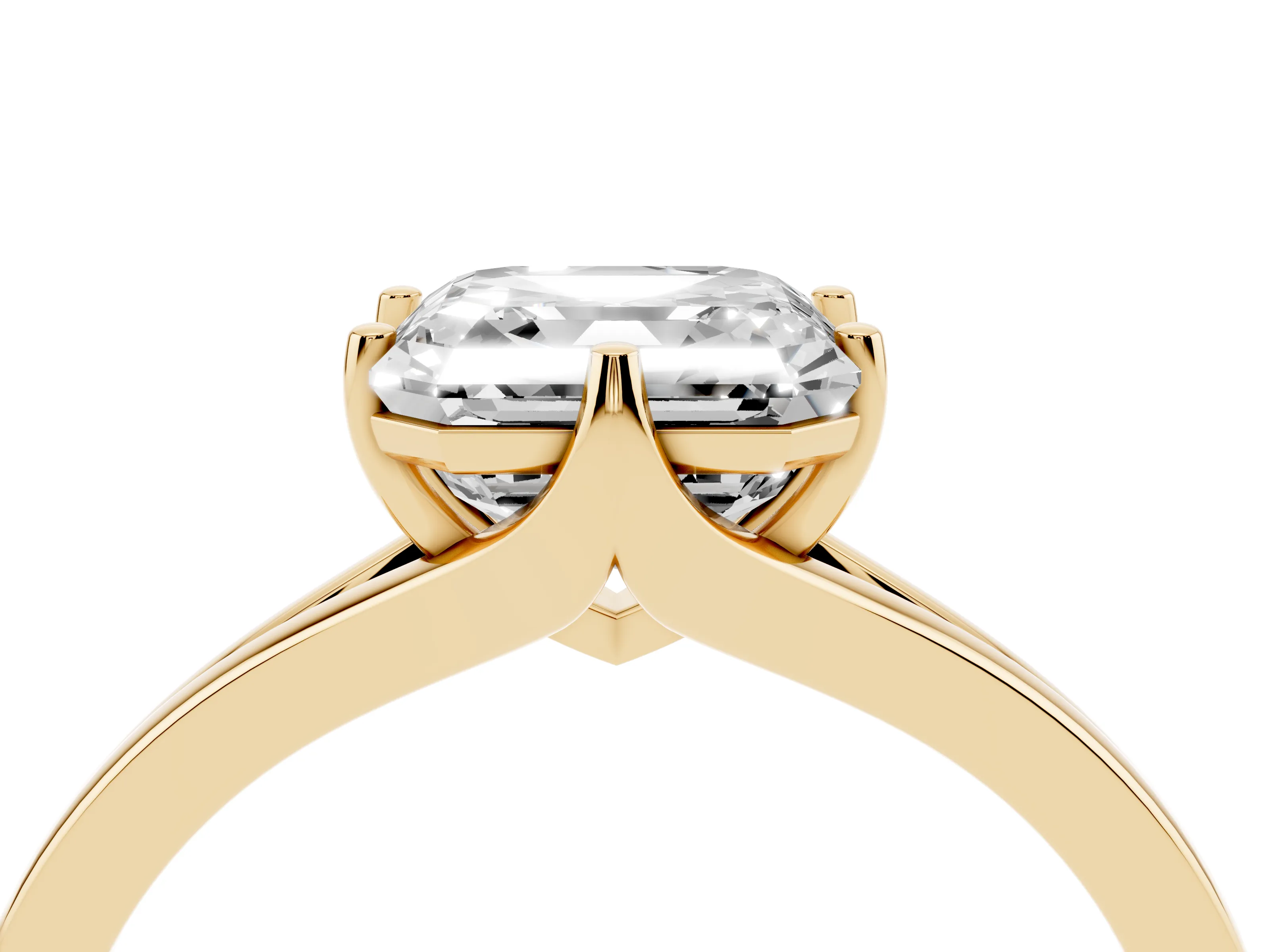 Asscher Cut Diamond Solitaire Ring Set in Yellow gold with Polished Tapered Band and Prong Setting
