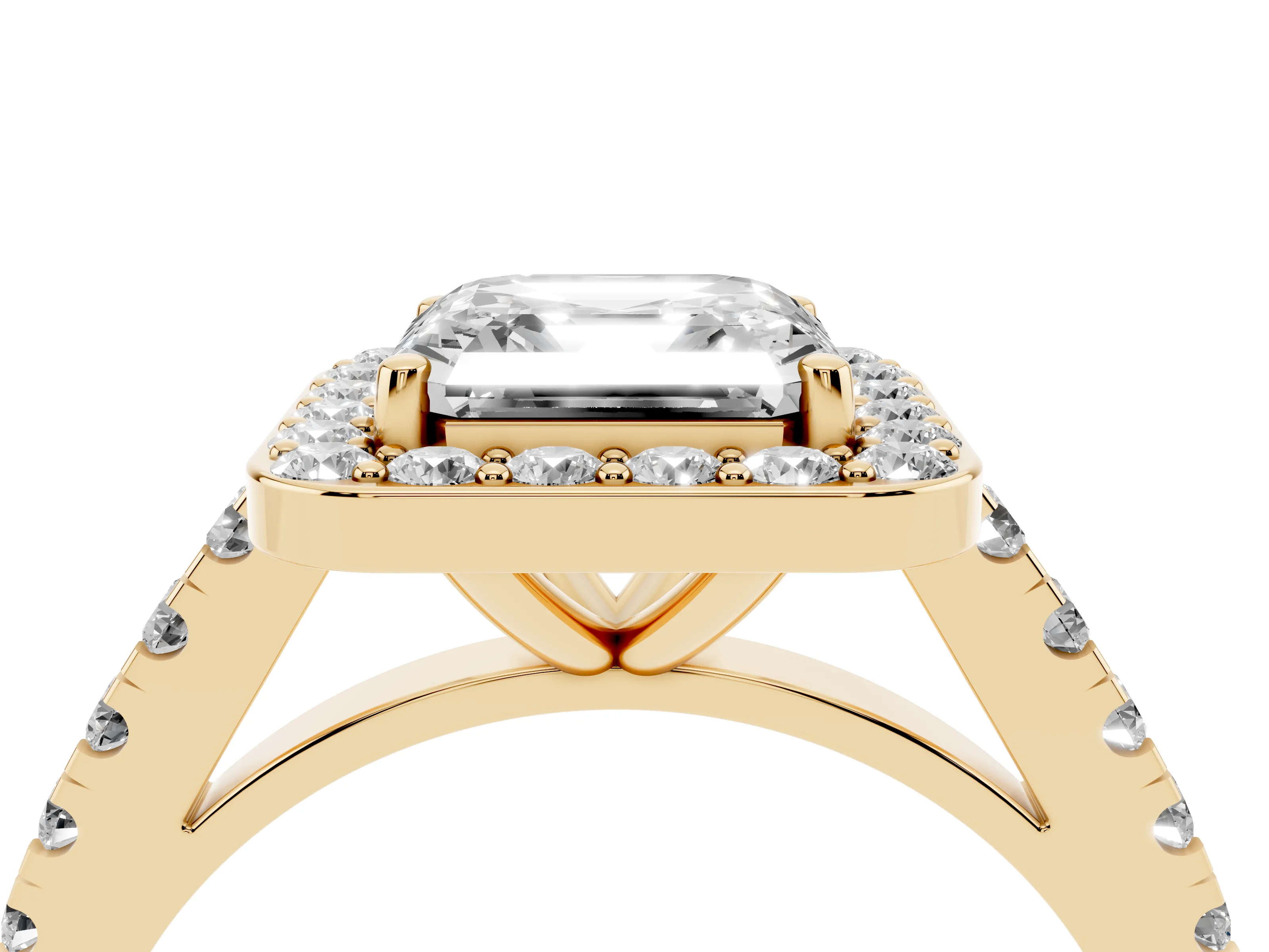 Asscher Cut Diamond Halo Ring Set in Yellow gold with Round Pavé Split Shank and Prong Setting