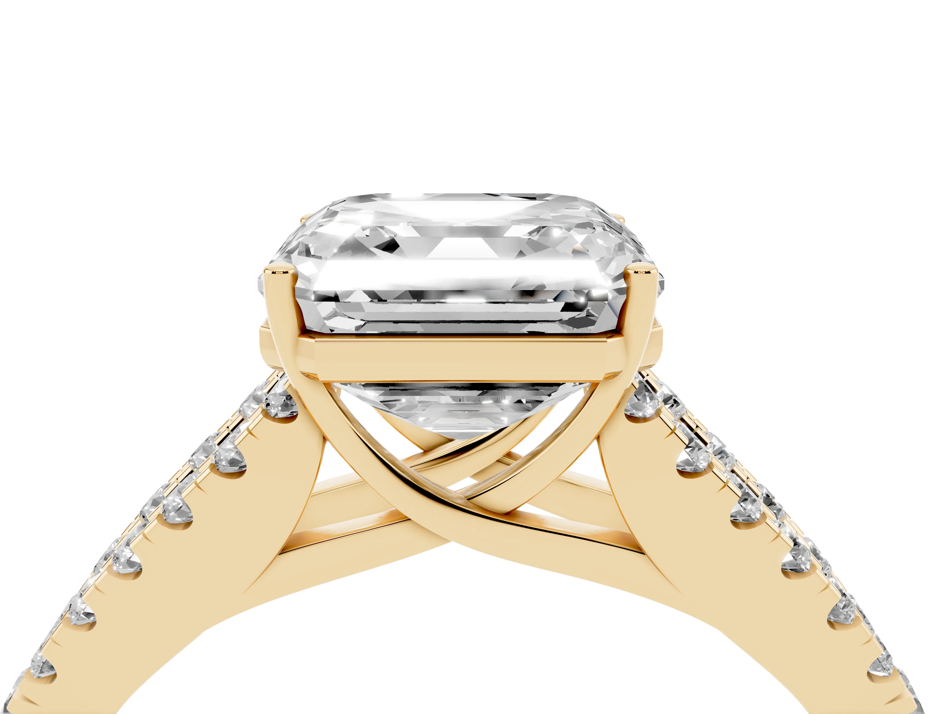 Asscher Cut Diamond Split Shank Engagement Ring Set in Yellow gold with Round Pavé and Prong Setting