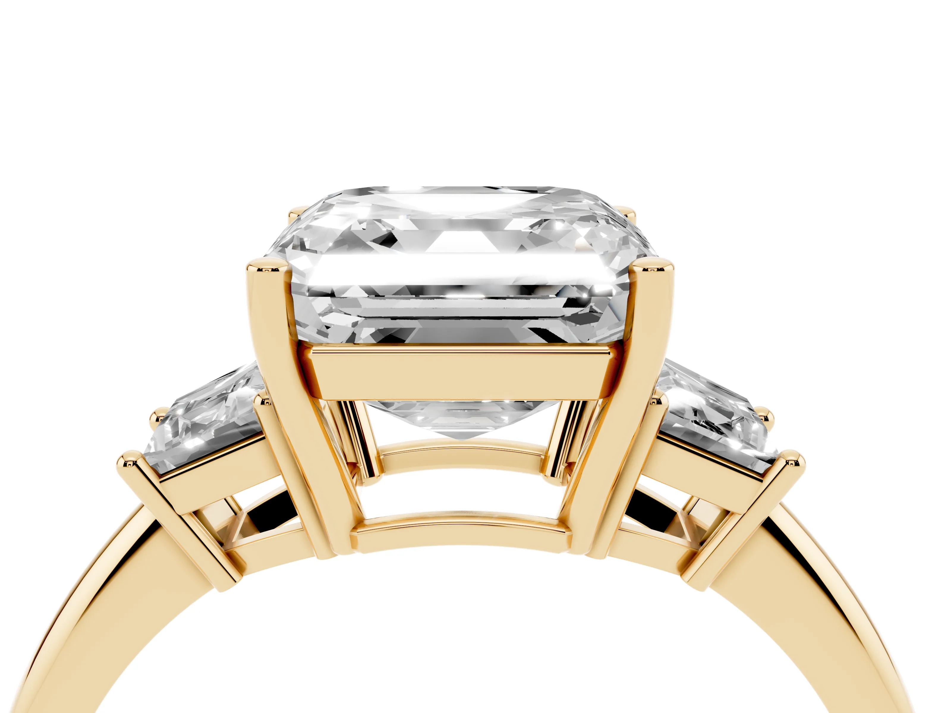 Asscher Cut Diamond Three-Stone Ring Set in Yellow gold with Trapezoid Side Stones and Prong Setting