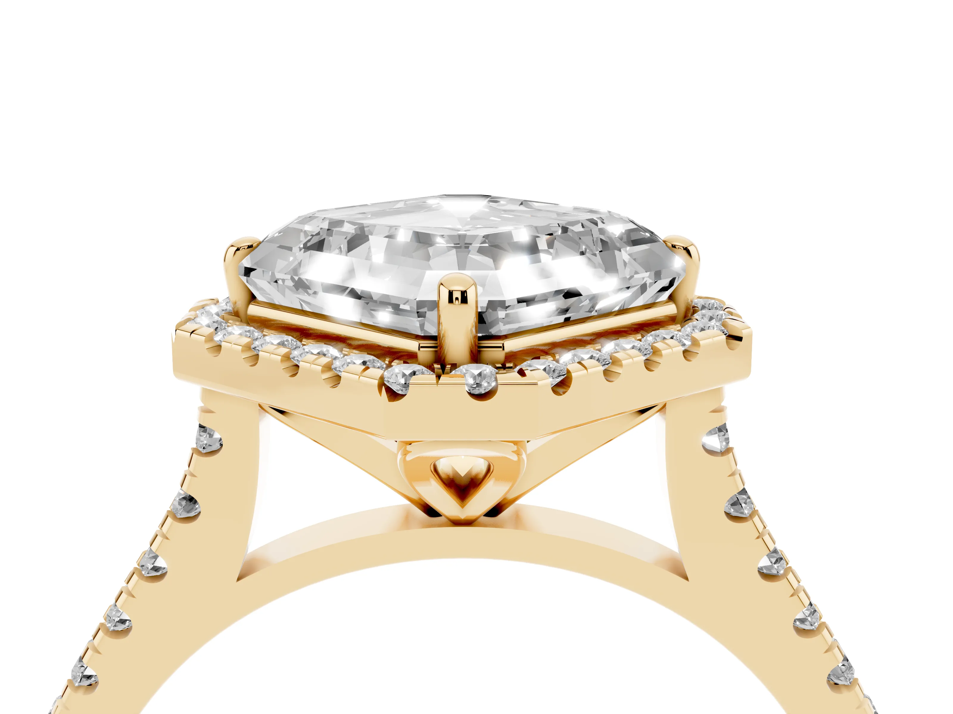 Asscher Cut Diamond Cushion Halo Ring Set in Yellow gold with Pavé Band