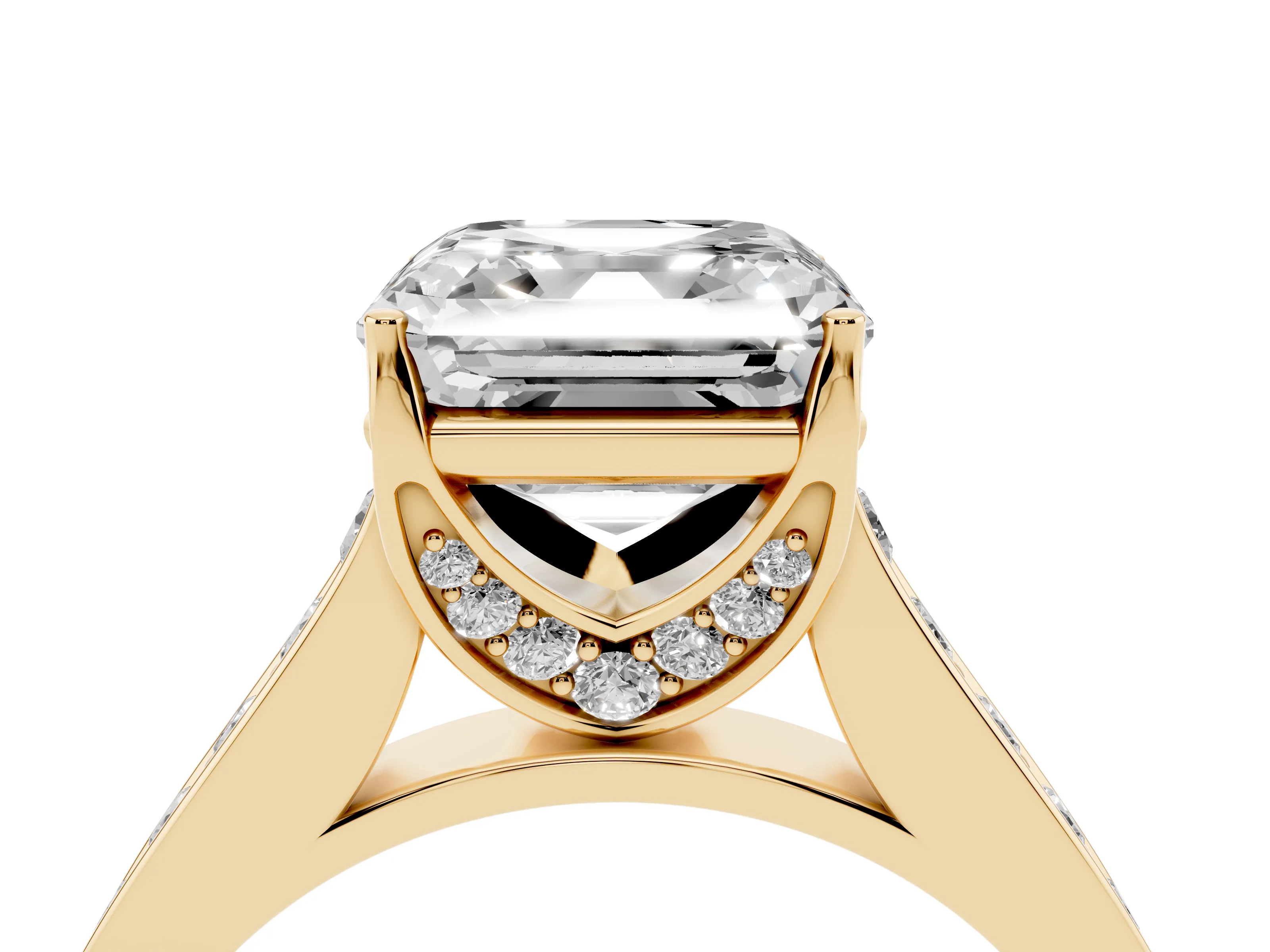 Asscher Cut Diamond Solitaire Pavé Engagement Ring Set in Yellow gold with Prong Setting