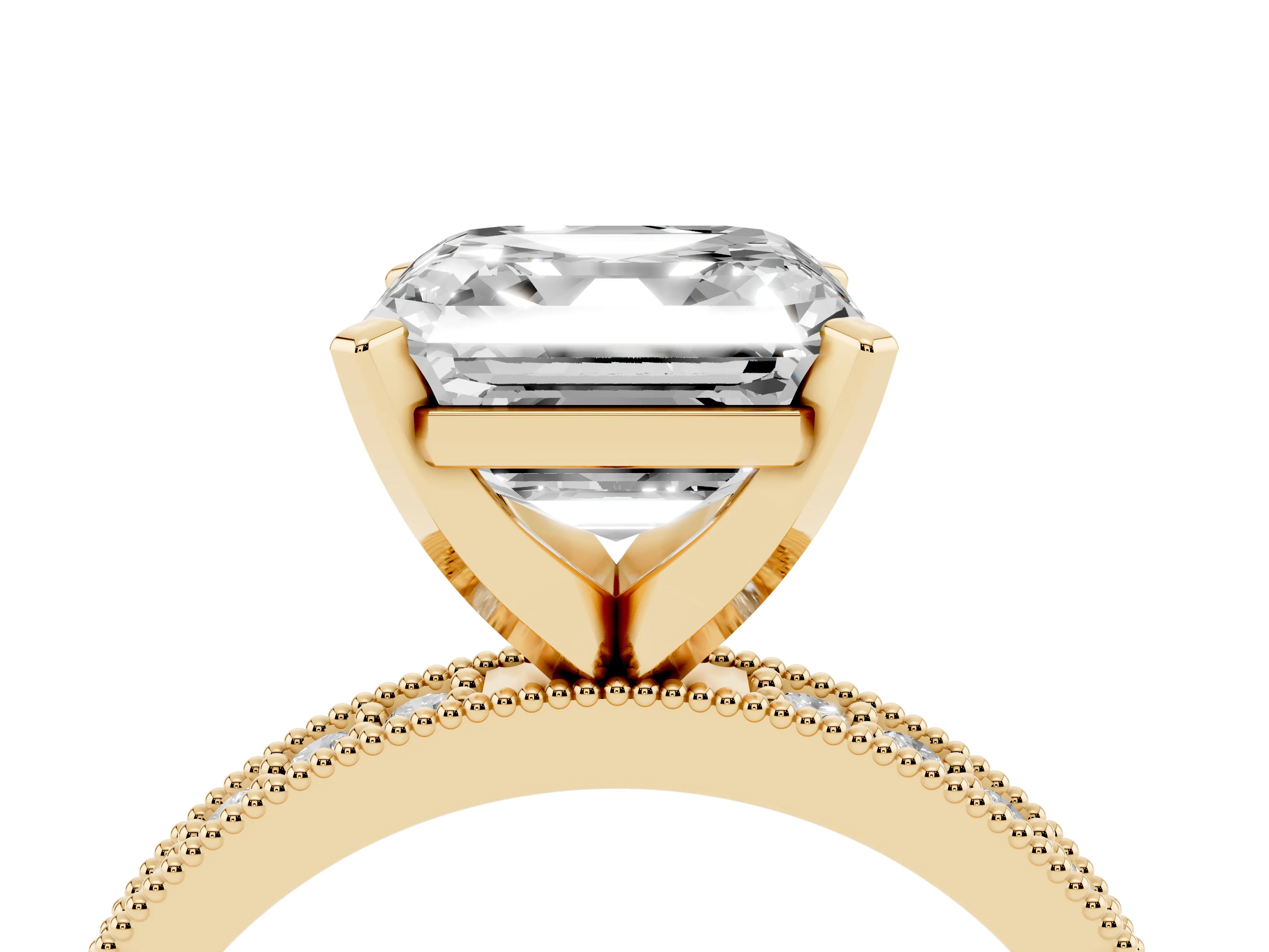 Asscher Cut Diamond Milgrain Pavé Engagement Ring Set in Yellow gold with Prong Setting