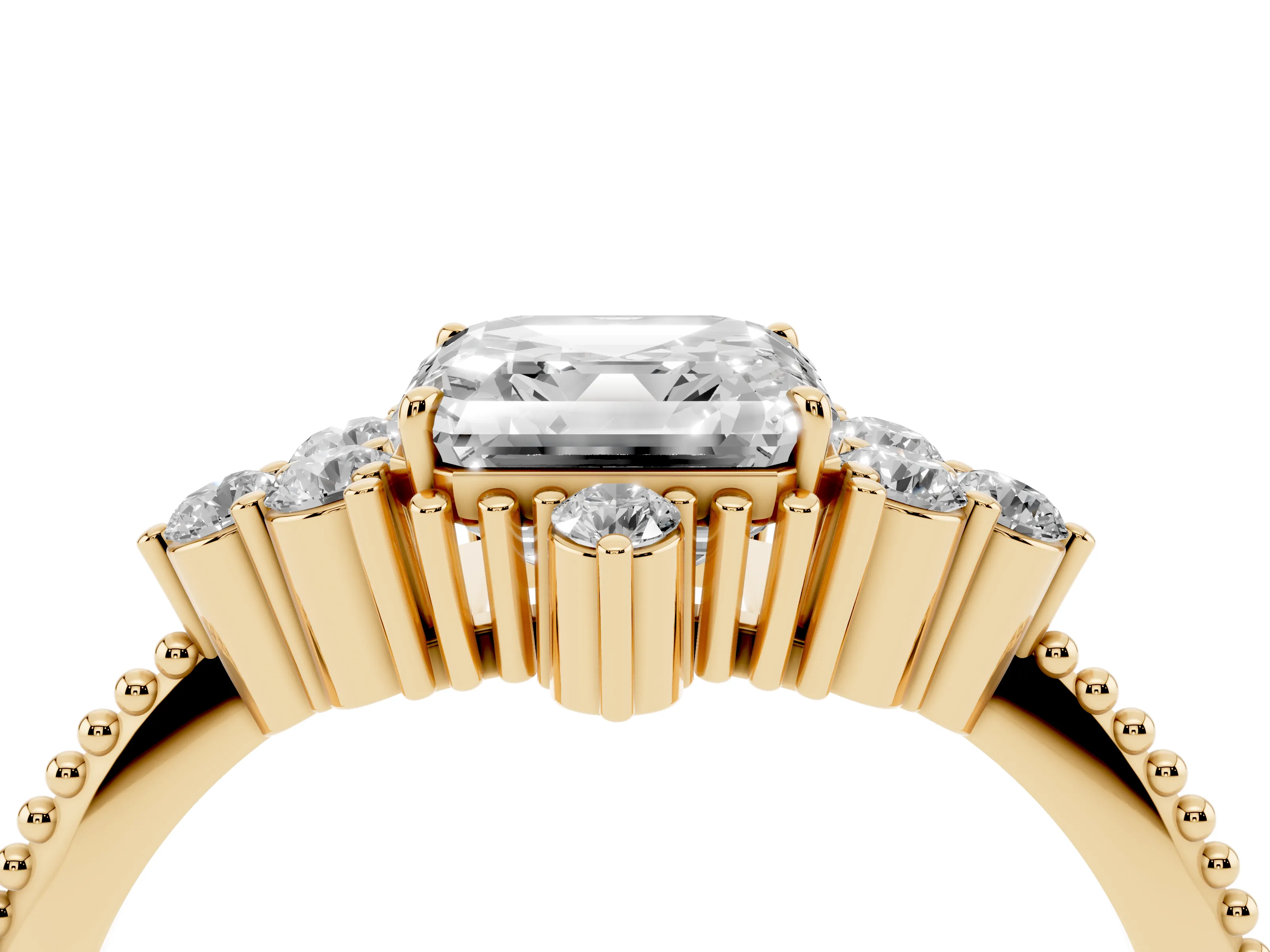 Asscher Cut Diamond Cluster Ring Set in Yellow gold with Beaded Band
