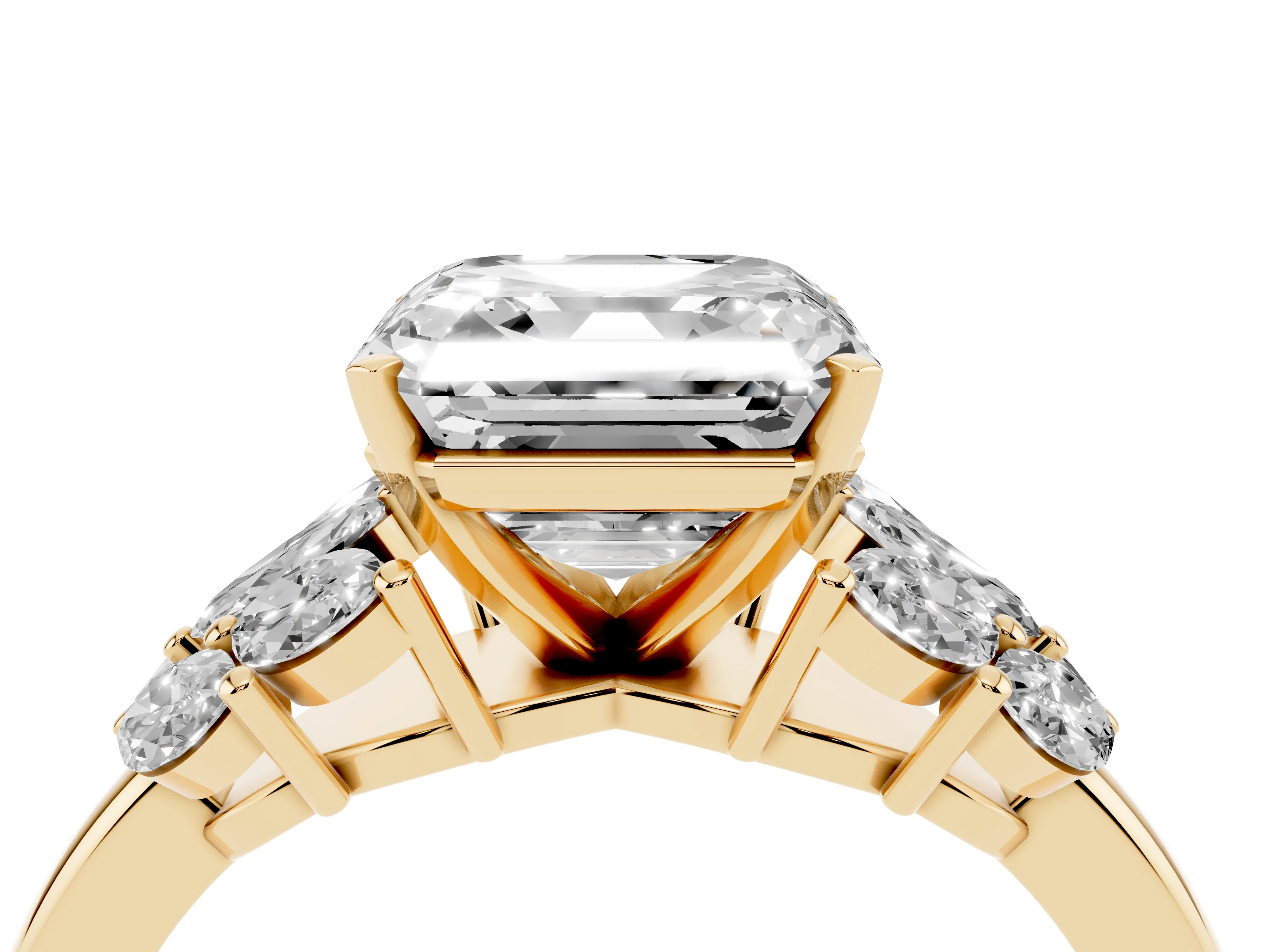 Asscher Cut Diamond Cluster Leaf Design Ring Set in Yellow gold with Prong Setting