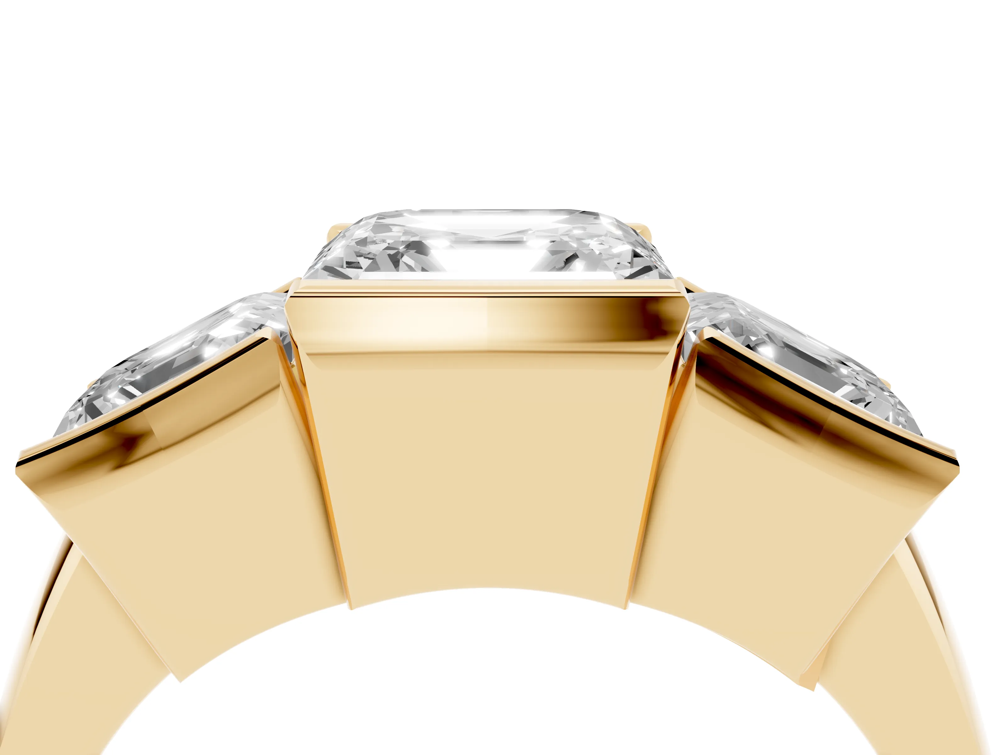 Asscher Cut Diamond Three-Stone Channel Set Ring Set in Yellow gold with Smooth Polished Band