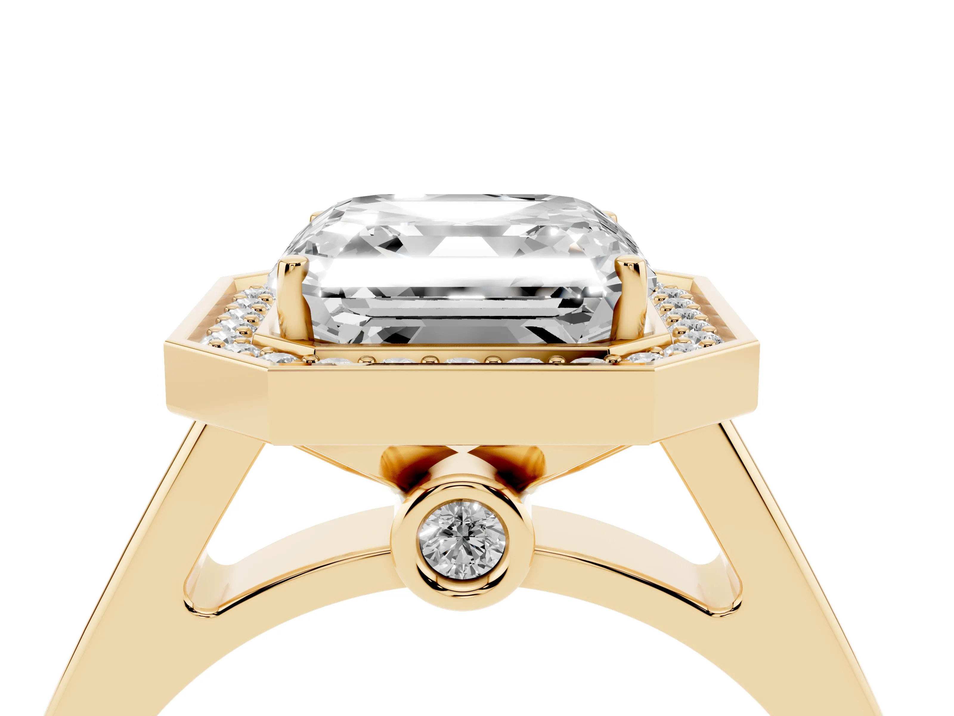 Asscher Cut Diamond Halo Solitaire Ring Set in Yellow gold with Pavé Band and Bezel Setting