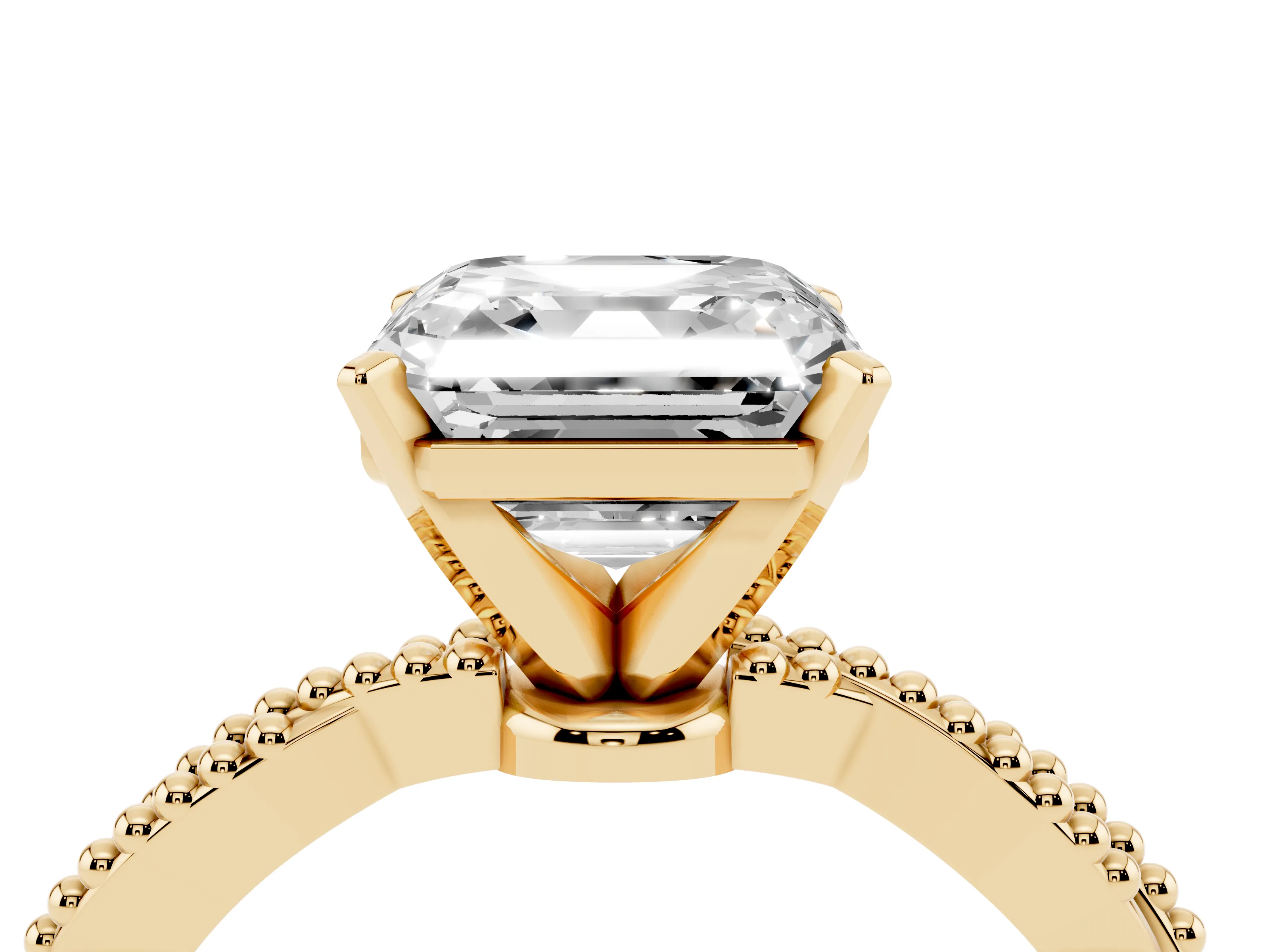 Asscher Cut Diamond Solitaire Ring Set in Yellow gold with Twisted Band and Bead Prong Setting