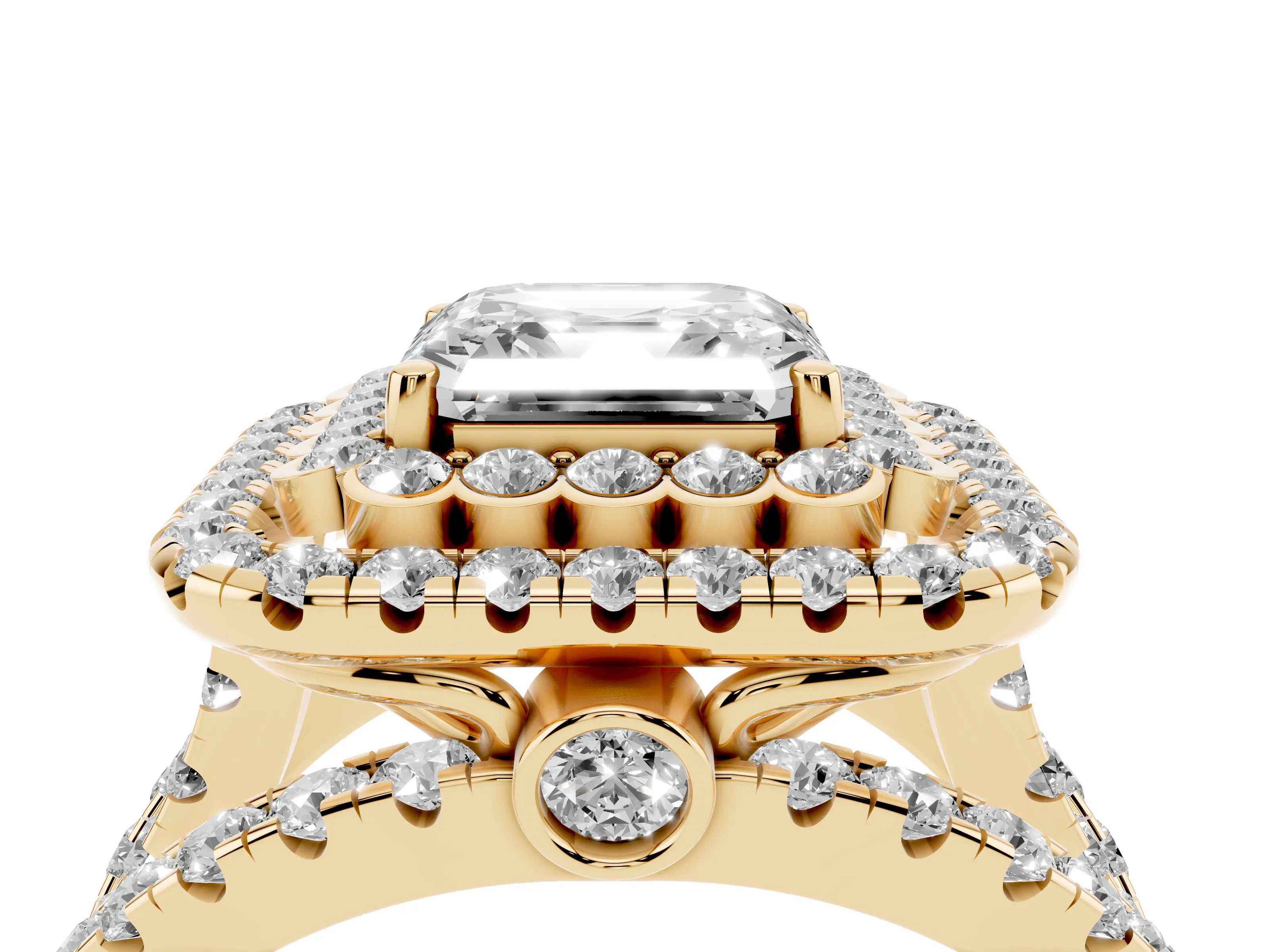 Asscher Cut Diamond Double Halo Ring Set in Yellow gold with Round Pavé Split Shank