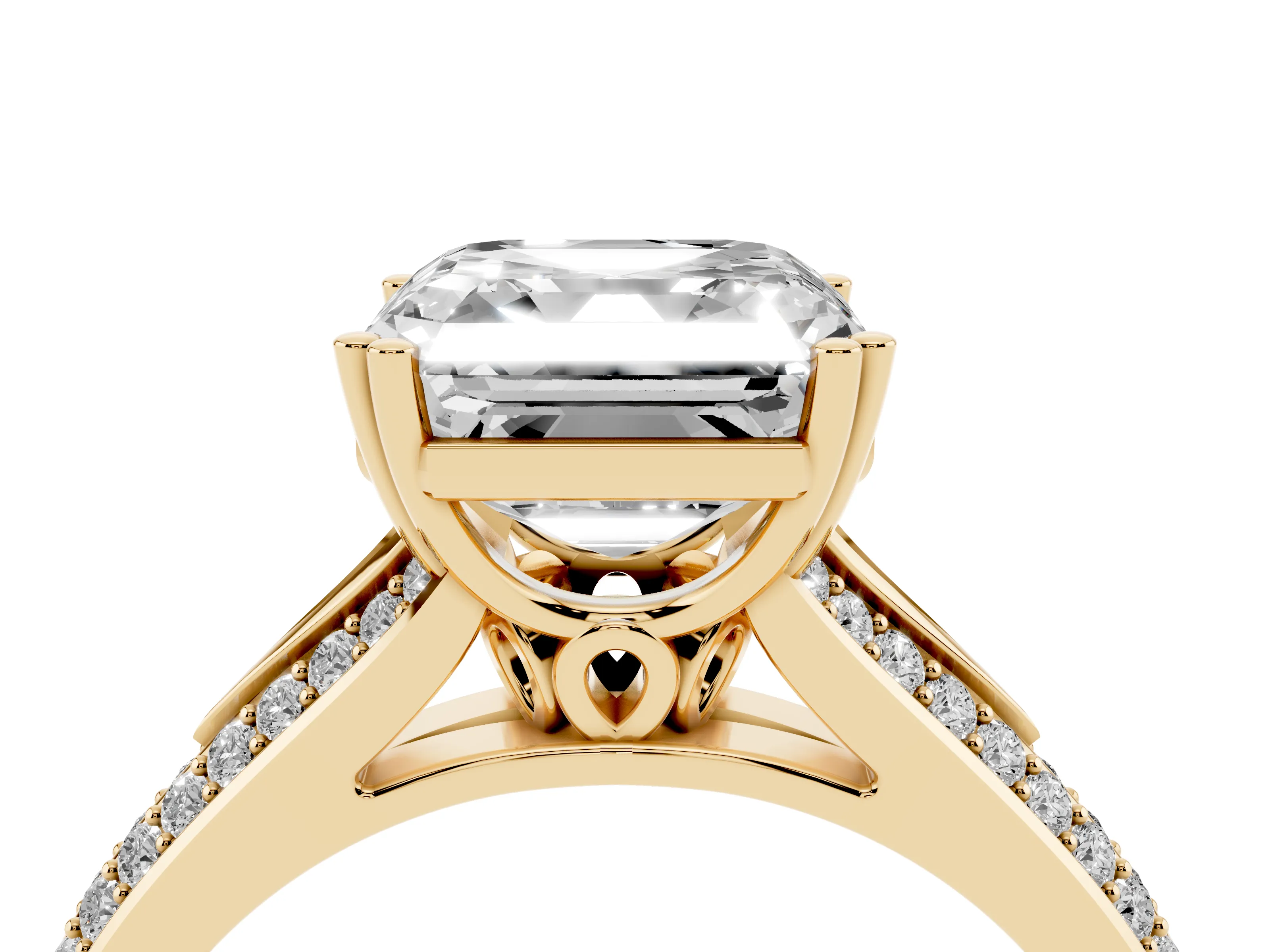 Asscher Cut Diamond Split Shank Pavé Engagement Ring Set in Yellow gold with Prong-Set Center Stone